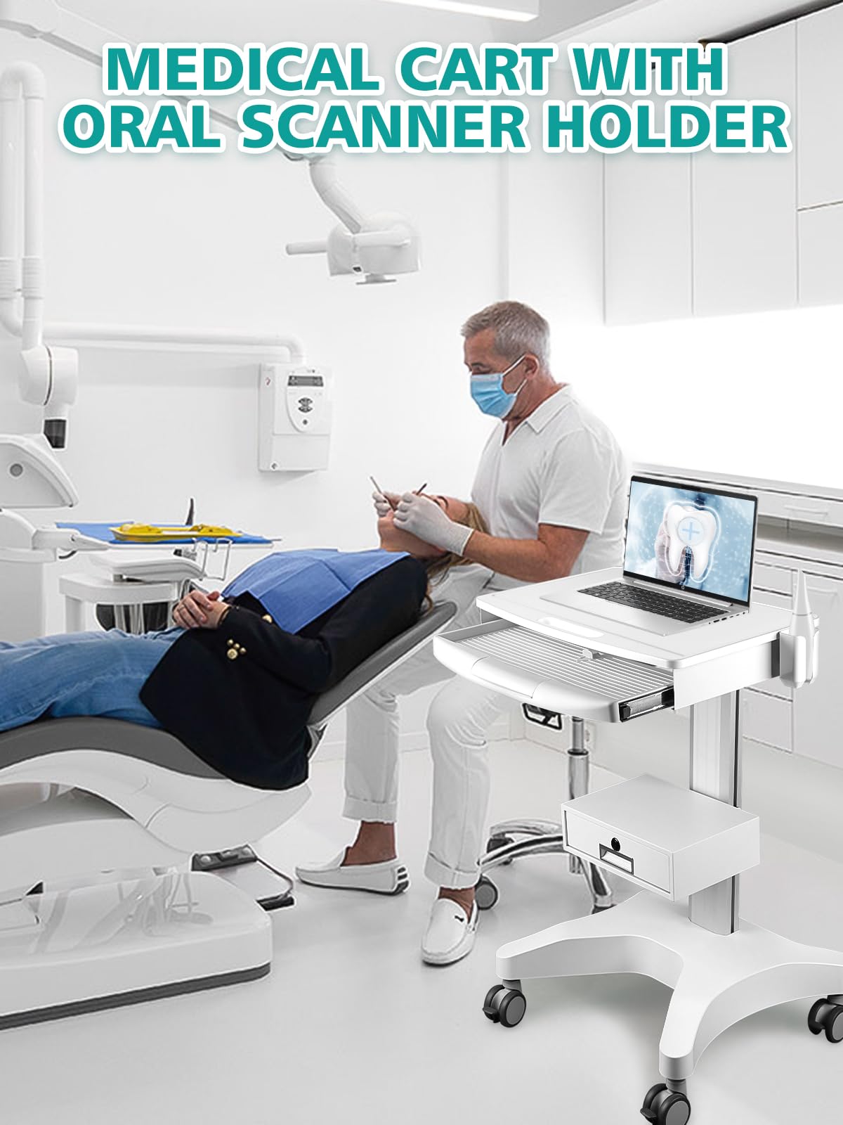 Kalolary Carro Médico Móvil para Portátil, Carro Clínico con Cajón con Llave y Soporte para Escáner Oral, Carro Dental con Ruedas para Hospital, Clínica Dental y Laboratorio