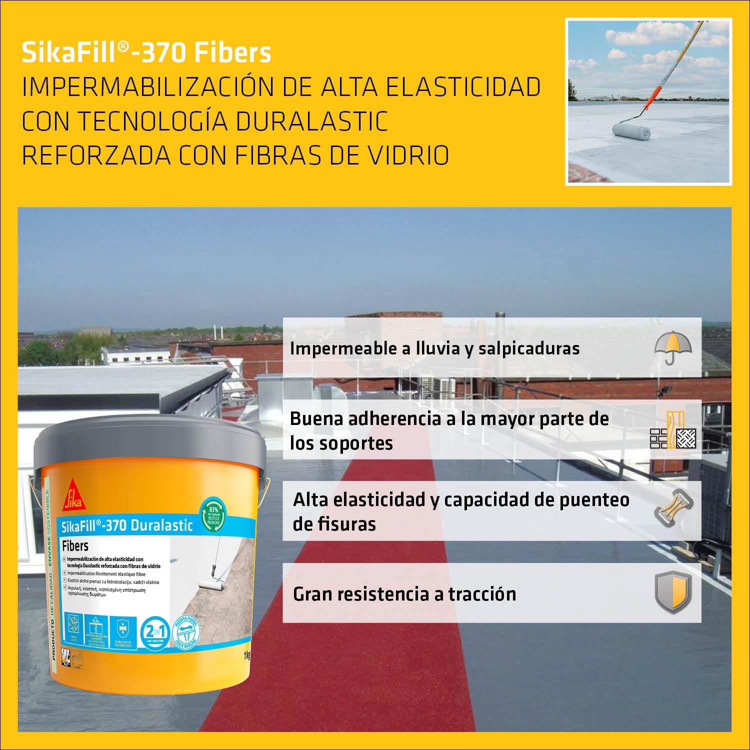SIKA - Impermeabilización reforzada con fibra - SikaFill 370 Fibers - Blanco -Pintura acrílica con fibras de vidrio para impermabilización de cubiertas y terrazas visitables - Puenteo de fisuras - 5kg