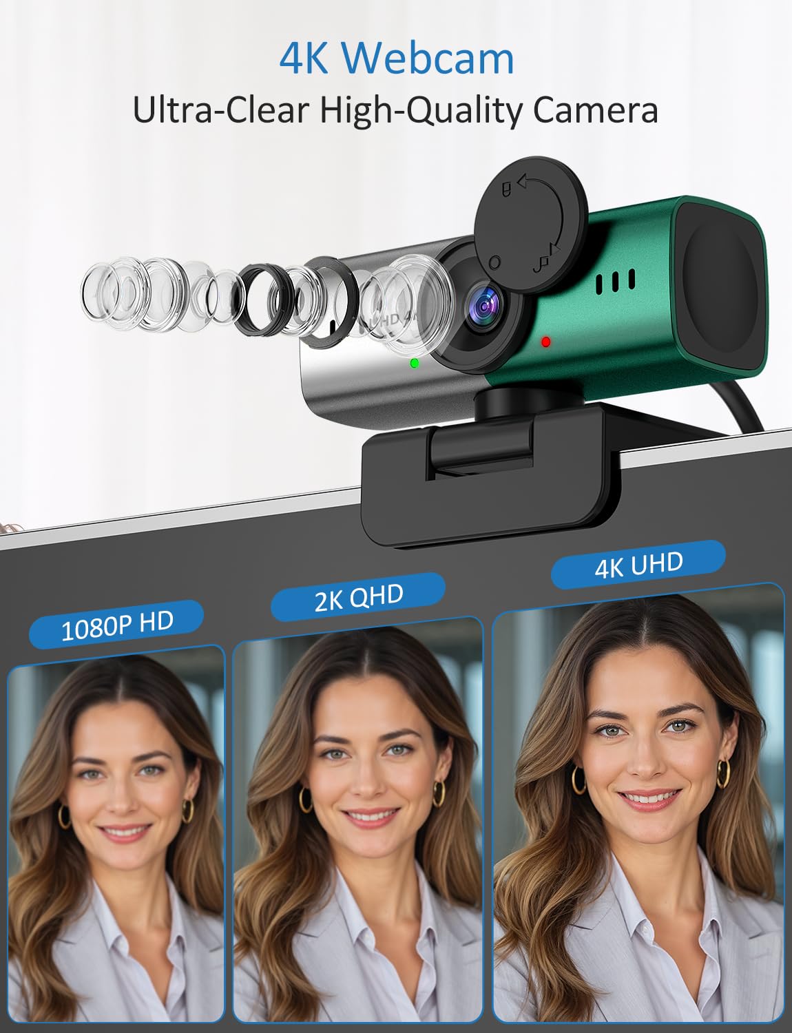 Cámara web para PC, cámara de transmisión 4K, cámara web para computadora de escritorio/portátil, cámara web con micrófono, cámara web USB Plug and Play, carcasa de aleación de aluminio, para