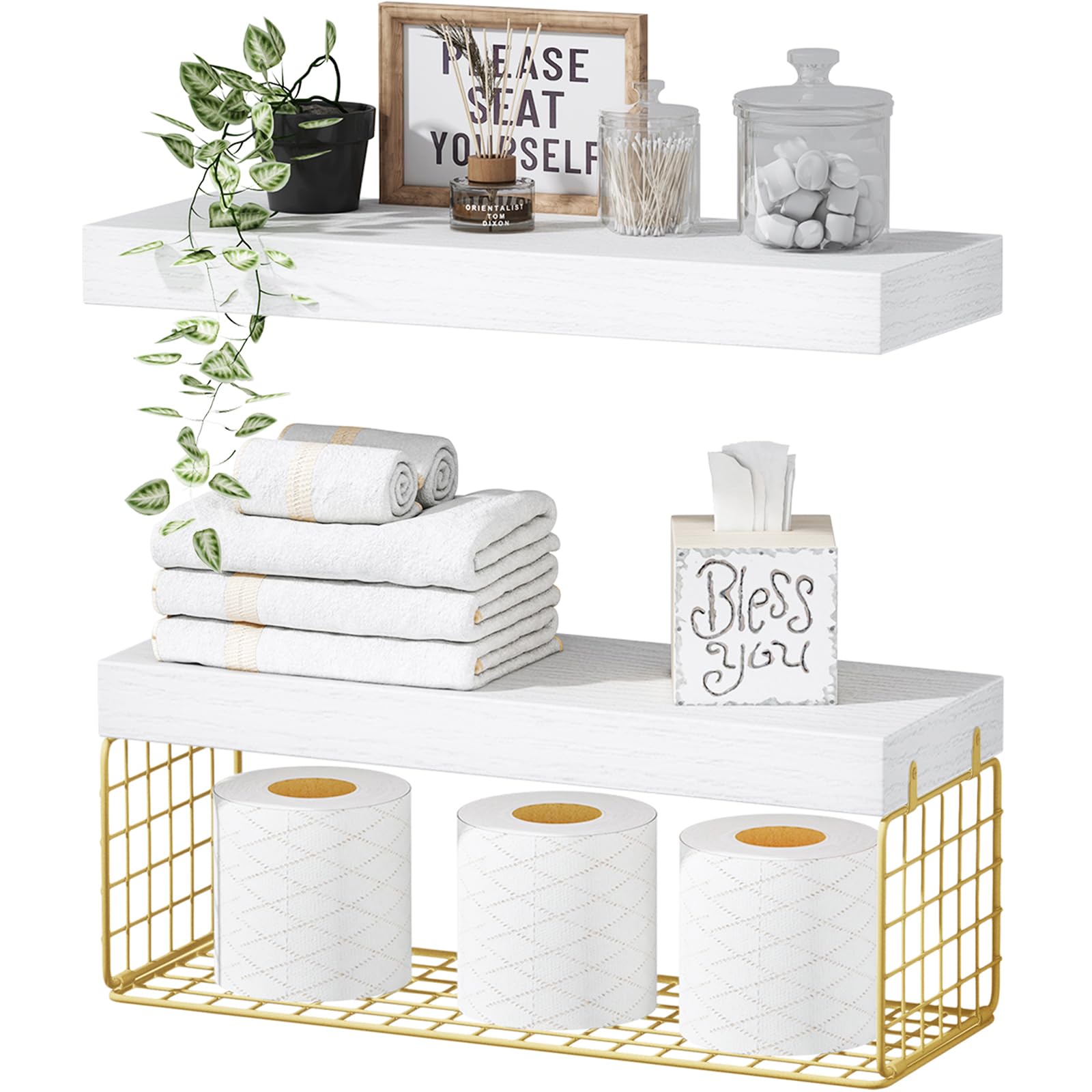 QEEIG Bathroom Shelves Over Toilet Wall (White and Gold, Set of 2, 15.7")