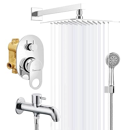 Specule High Flow Brass Concealed Body Diverter Full Set with Overhead Rainfall Shower for bathroom, Multi flow Hand Shower and Bath Tub Spout (Chrome) (Ornamix)