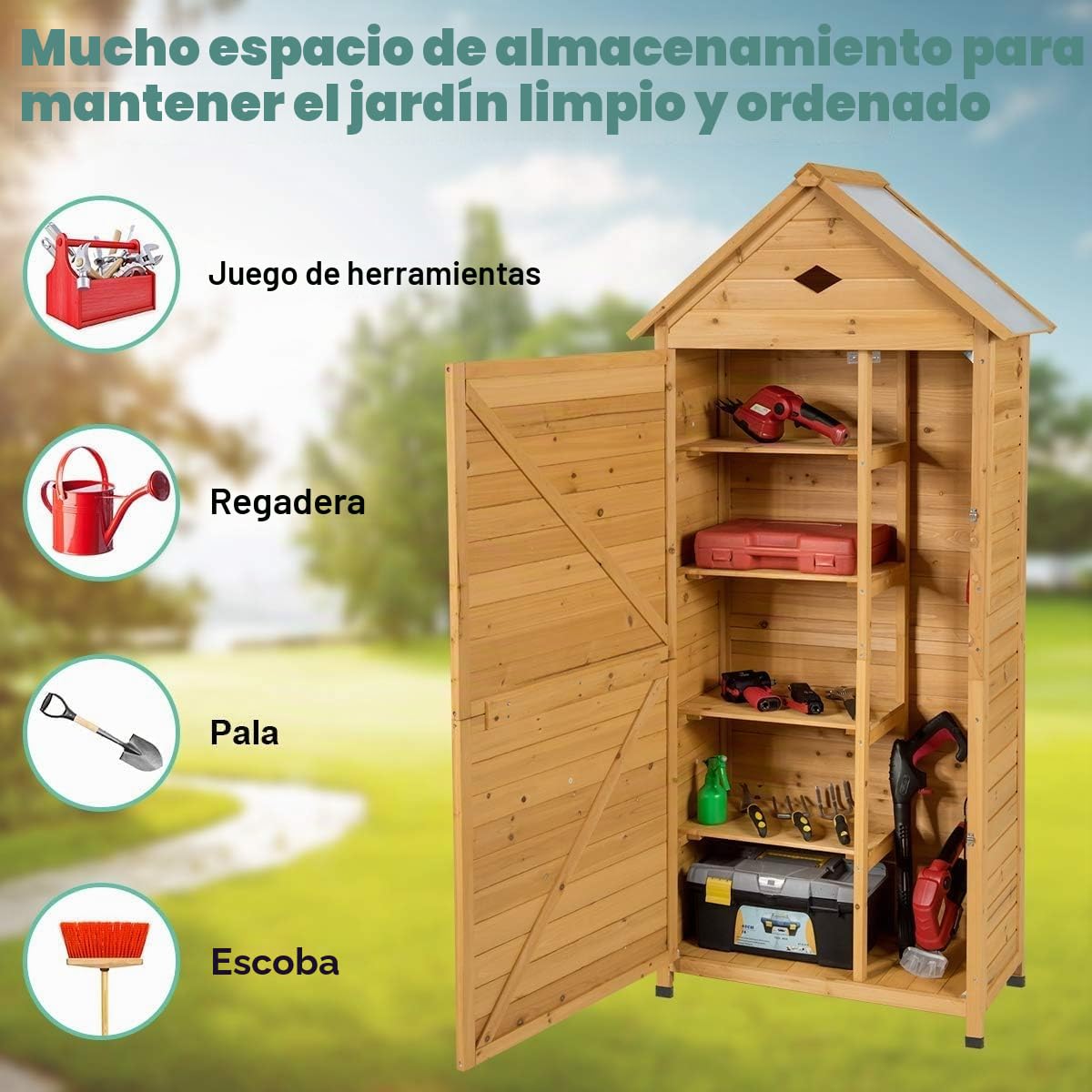 FANTASK Armario de Madera para jardín, 177 x 80 x 45 cm, Resistente a la Intemperie, cobertizo de Madera con Techo a Dos Aguas