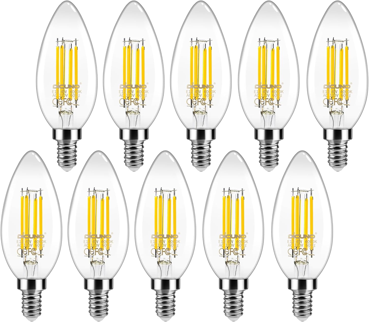 DiCUNO E12 Candelabra LED Bulb 40 Watt Equivalent, 550Lumen, Natural White 4000K, 4W B11 Clear LED Filament Candle Light, Non-dimmable, Edison Bulb for Ceiling Fan, Chandelie Lightr, Pack of 10