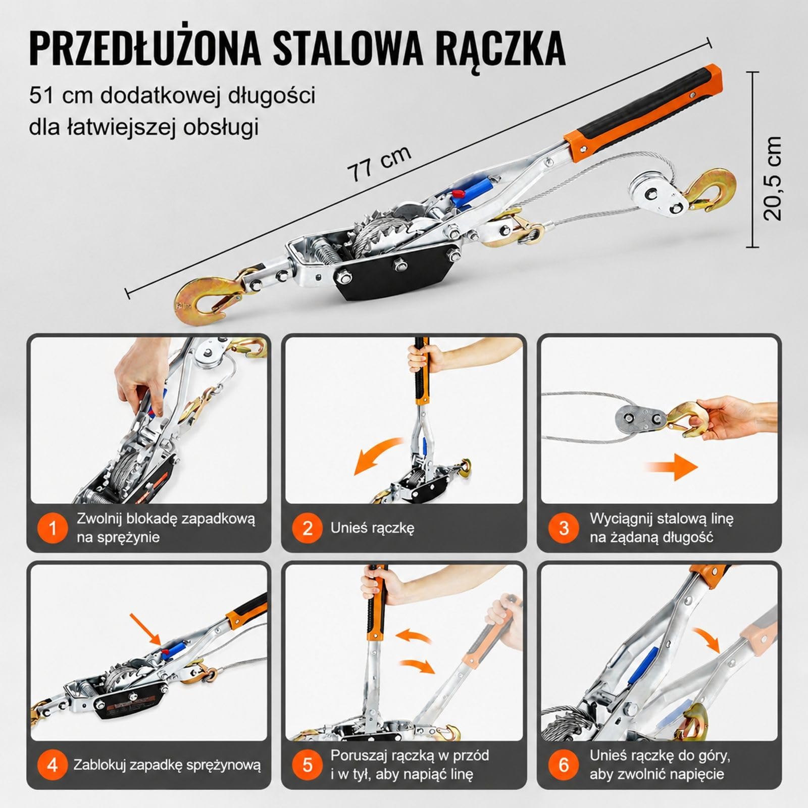 Ręczna wciągarka linowa z dźwignią, udźwig 5 ton, 3 haki, lina ze stali węglowej, dwubiegowa konstrukcja do pojazdów i warsztatu