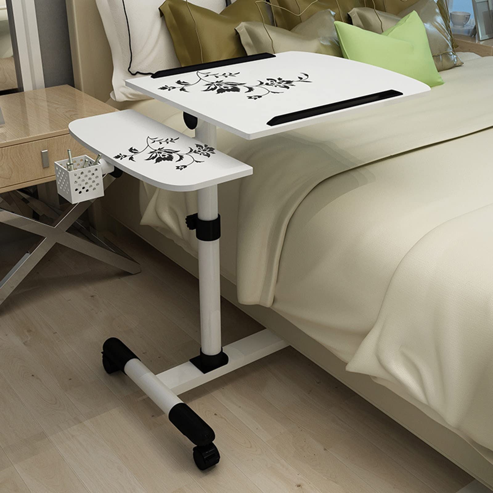 MYUYEE Tilting Overbed Table With Wheels, Height Adjustment Rolling Laptop Table Overbed Desk Tray Table Side Table For Home Use Sofa Bed, White