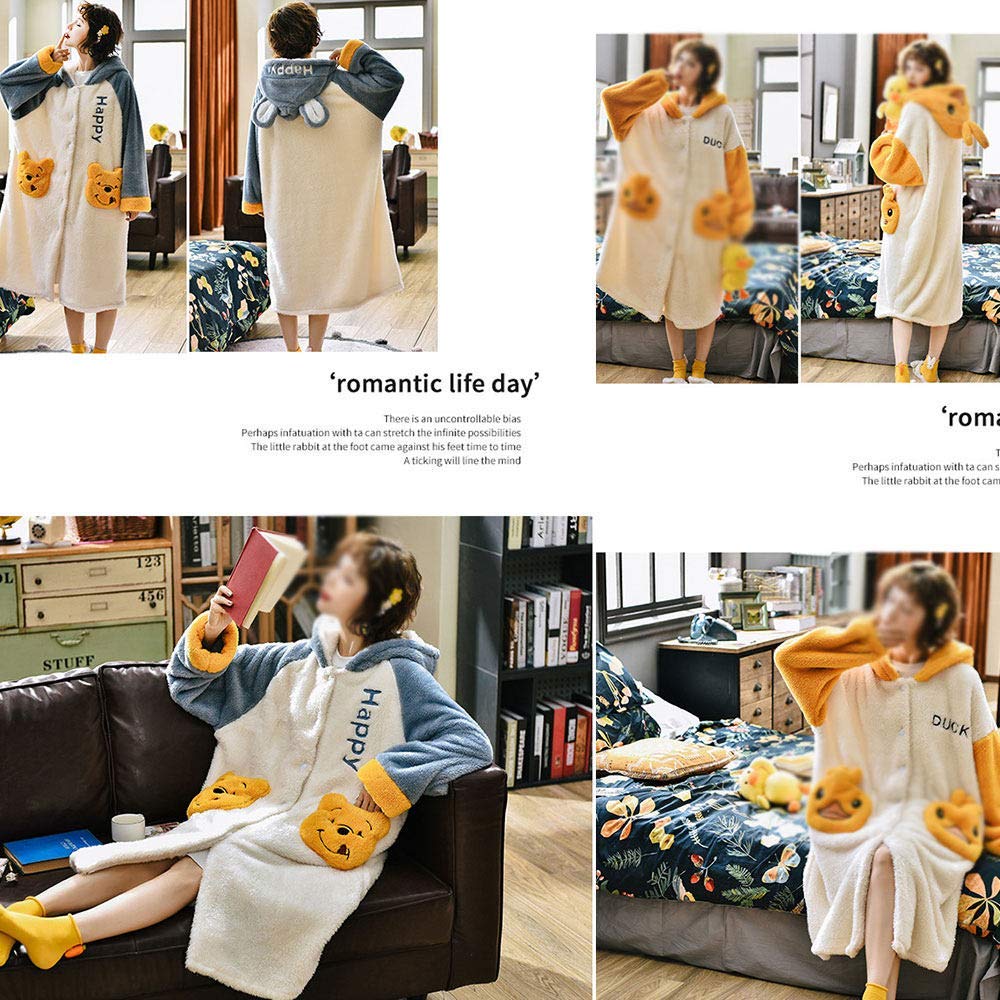 Accappatoio Invernale da Donna, Accappatoio in Flanella con Cappuccio Pigiama in Pile di Corallo Abito Femminile Caldo e Spesso Completo Lungo, Coniglietto-XL