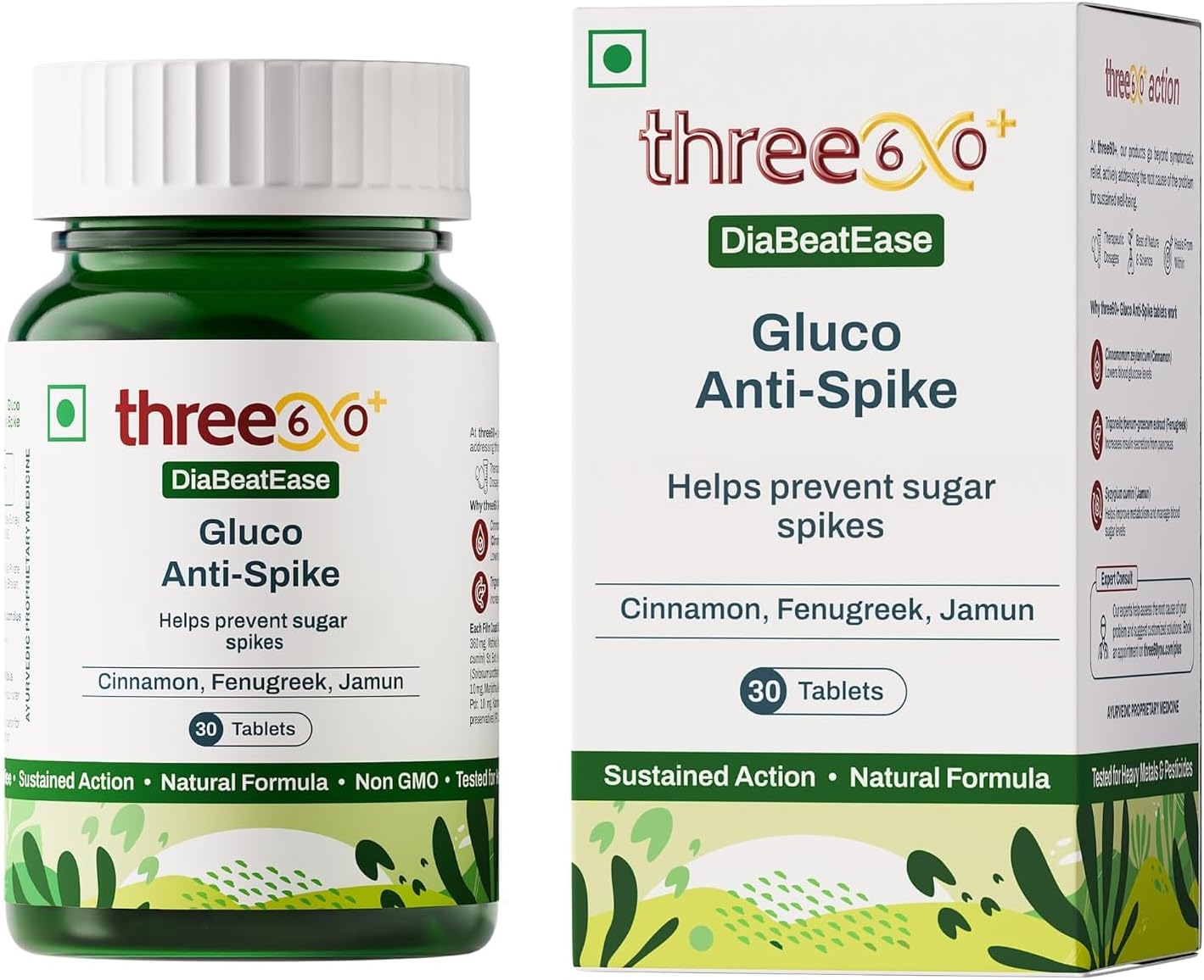 three60+ Gluco Anti-Spike Tablets | Sugar Control Tablet for Prediabetics | 14-Hour Sustained Release | Clinically Proven Diabetic Care Tablets & Supplements | Natural, Gluten Free, Non-GMO | 30