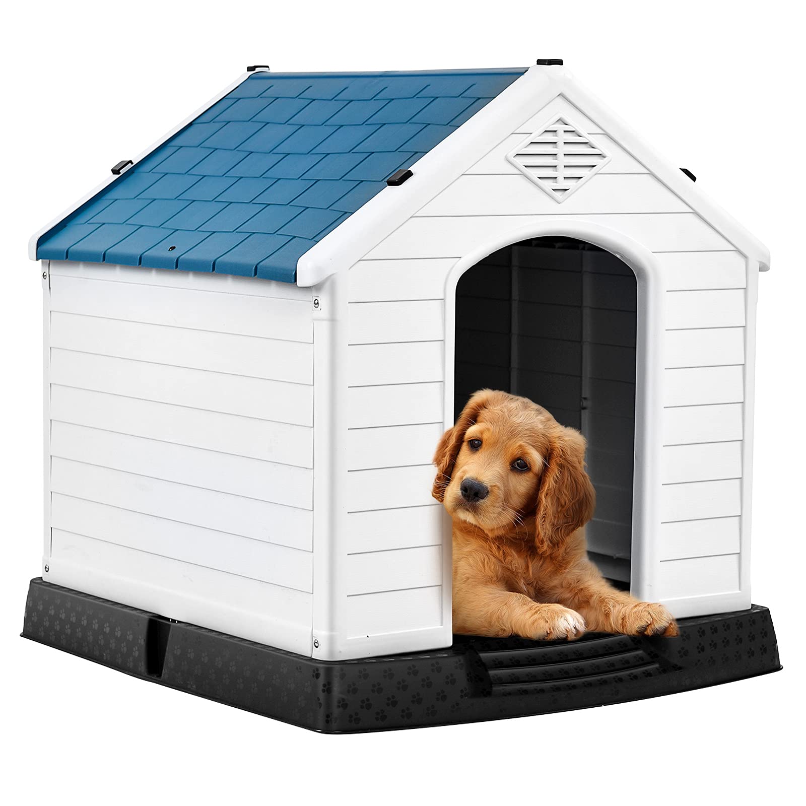 GOPLUS Caseta de Plástico para Perros, Casa para Interior y Exterior, Caseta para Perros con Sistema de Ventilación y Dispositivo de Sujeción, Estable y Resistente a Los Arañazos, con Suelo Elevado