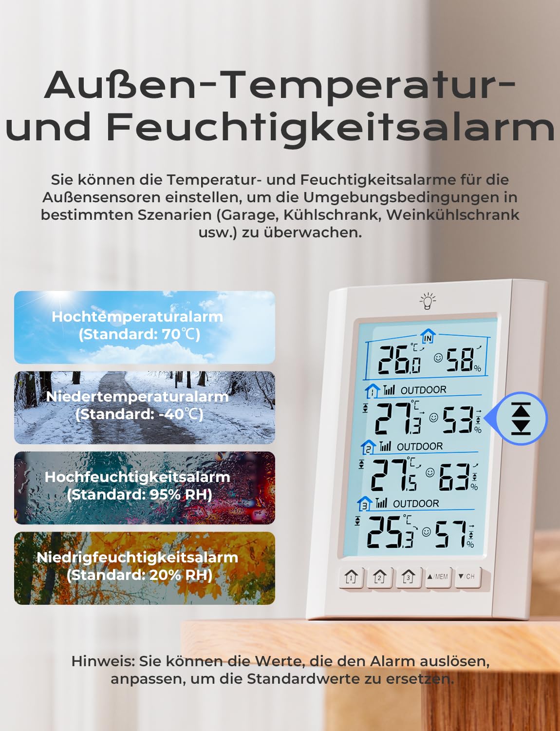 LIORQUE Funk Wetterstation mit 3 Außensensoren Digitales Thermometer Hygrometer Innen Funkwetterstation mit 100 m Reichweitensensor Thermo-Hygrometer für Gewächshaus Weinkeller