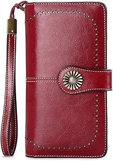 fashion mania Leather women's purse 13 card slots 1 ID window 2 Cash box 1 zipper pockets Credit card holder RFID Block Gift (Burgundy)