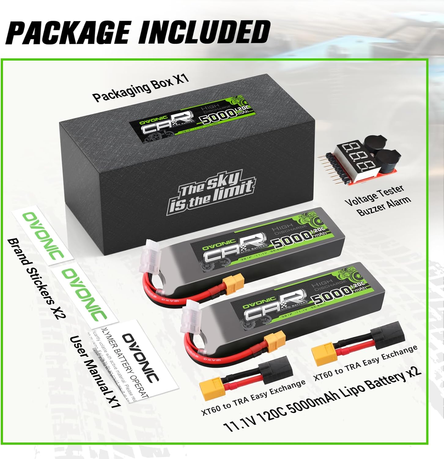 OVONIC 3S LiPo Battery 11.1V 5000mAh 120C with XT60 and TRA Plug Match RC Car Truck Airplane Helicopter Boat [6.18''D x 1.81" W x 1.03" H](2 Packs in 1 Package)(with Lipo Voltage Checker)