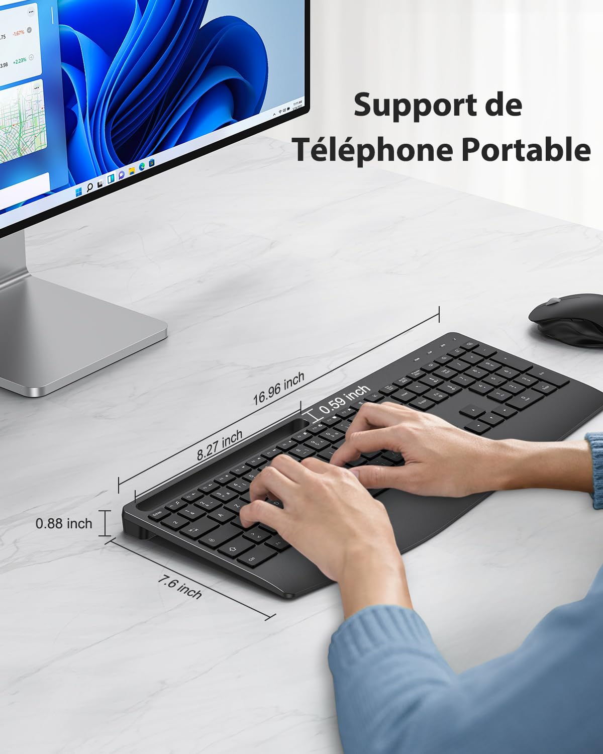 TECURS Clavier sans Fil 2,4 GHz AZERTY Français avec Repose-Poignet, Noir