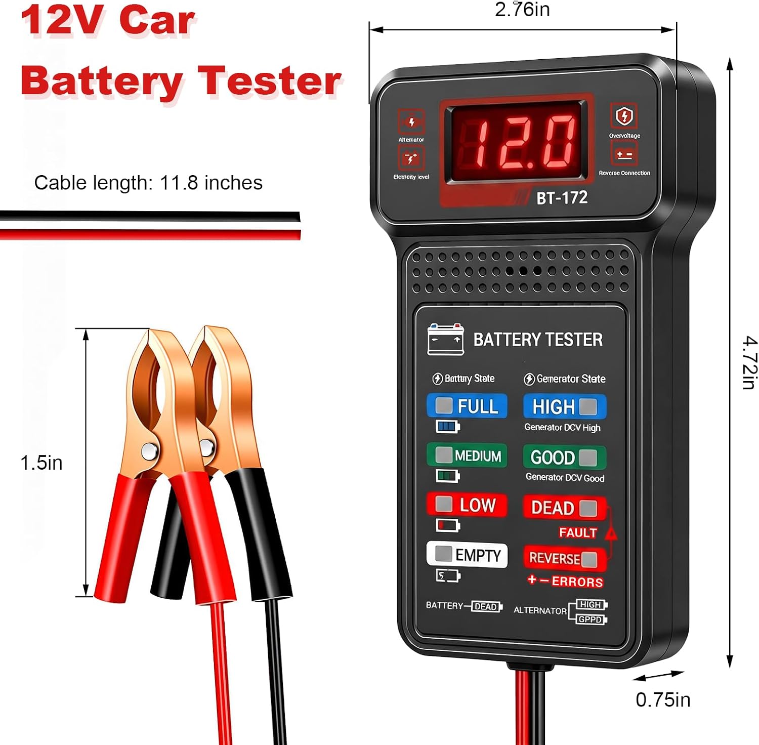 12V Car Battery Tester, Fast Response Charging System Analyzer with LCD Screen & LED Indication, Battery Load Monitor Digital Voltmeter Alternator Tester for Most Vehicles