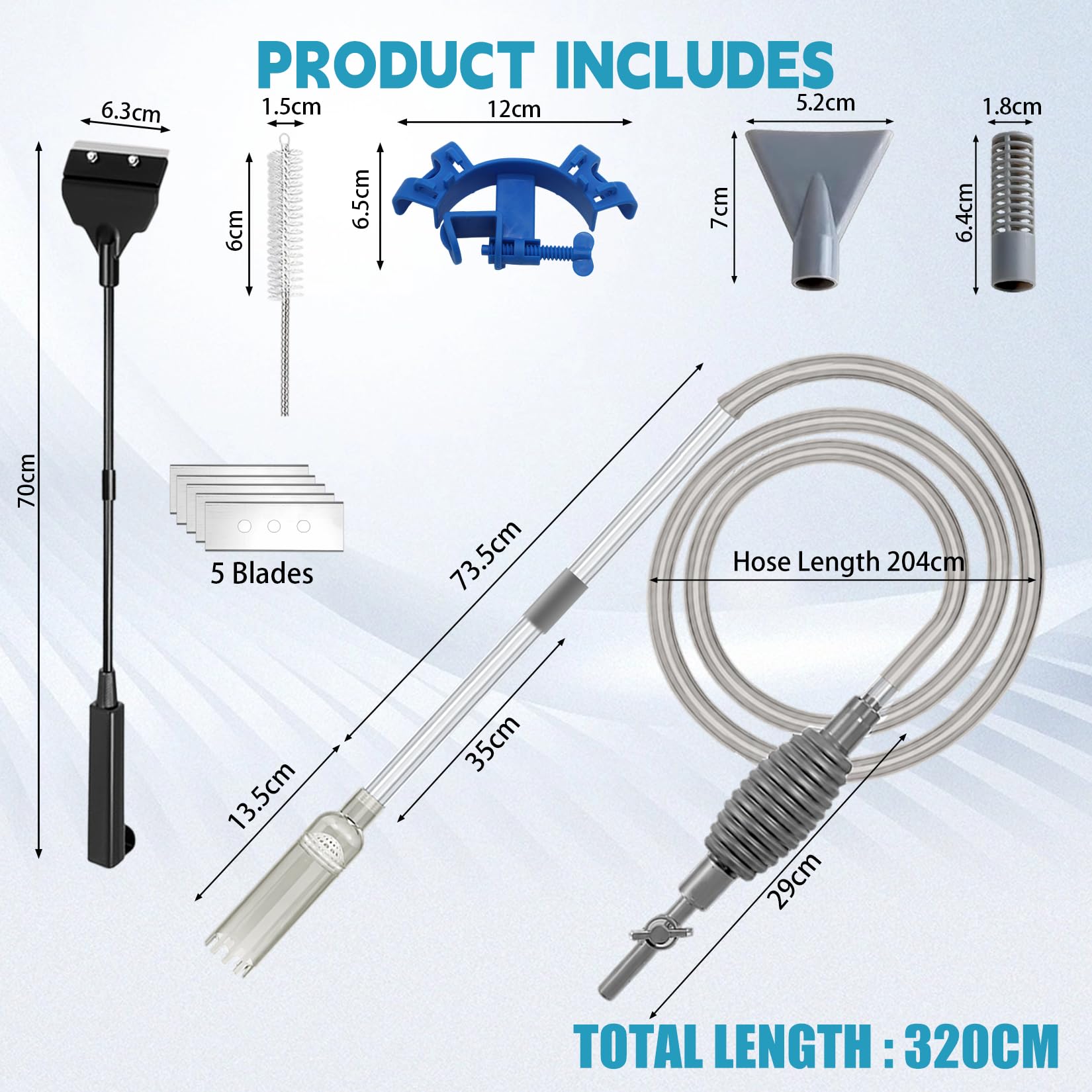 Herbst Aquarium Reiniger, 3.2m Mulmsauger Aquarium Set mit 2 in 1 Algenschaber für Fischwasserglas & Wasserwechsel Teichsauger mit Einstellbare Durchflussregelung Wasserwechsel Pumpe Sicher für Fische