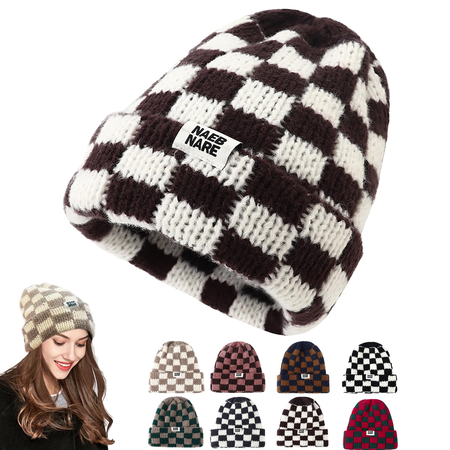 Haooie Women's Coffee-A Cuffed Knit Beanie Hats For Checkerboard Plaid Hat Y2k Stretch Winter Beanies Skull Cap Warm Ski Caps, M