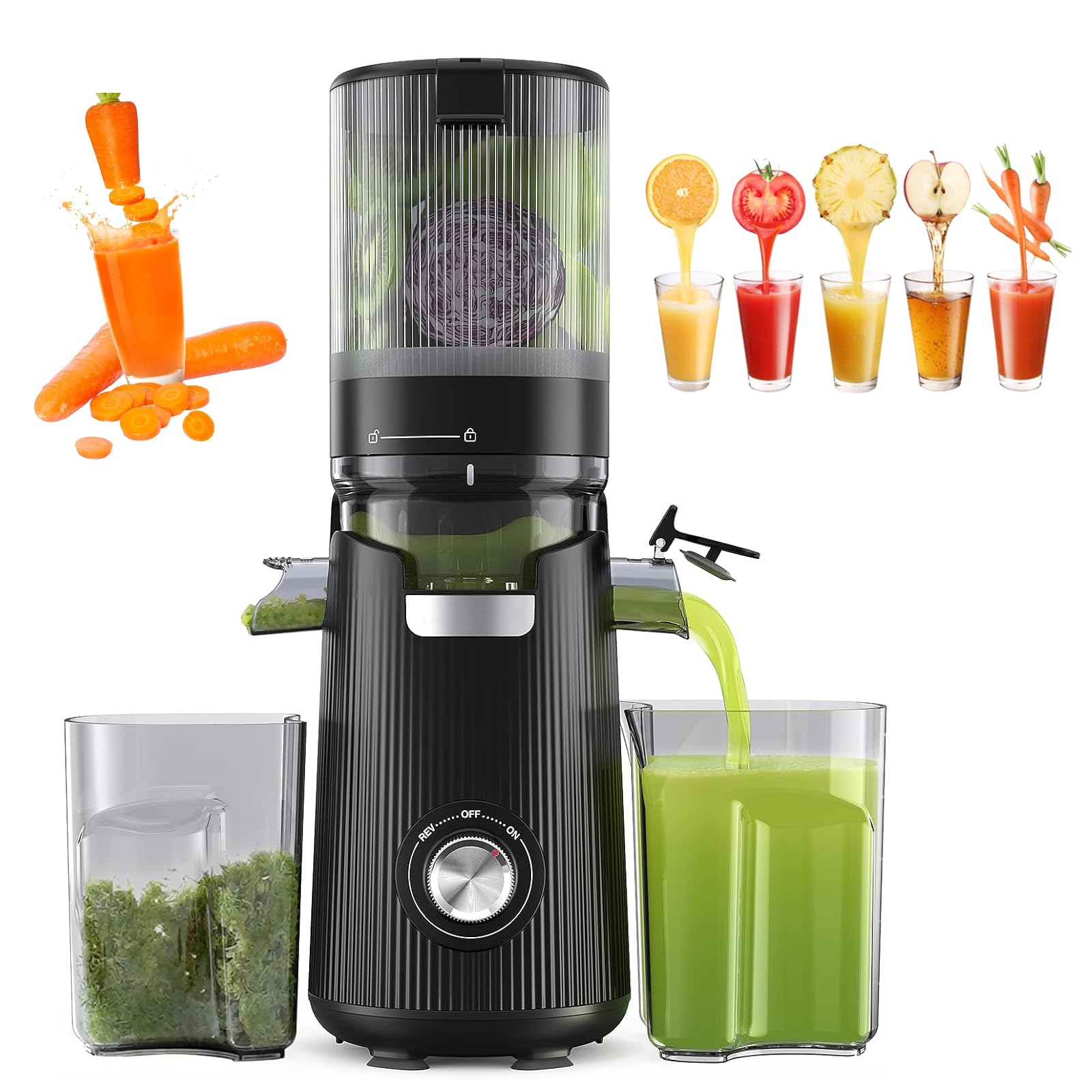 Exprimidores De Prensado En Frío, Exprimidores De Frutas, Exprimidores Fáciles De Limpiar con 2 Tazas, para Vegetales con Tolva De Alimentación Más Grande Y Ancha De 5,3" (Capacidad De 1,8 L)