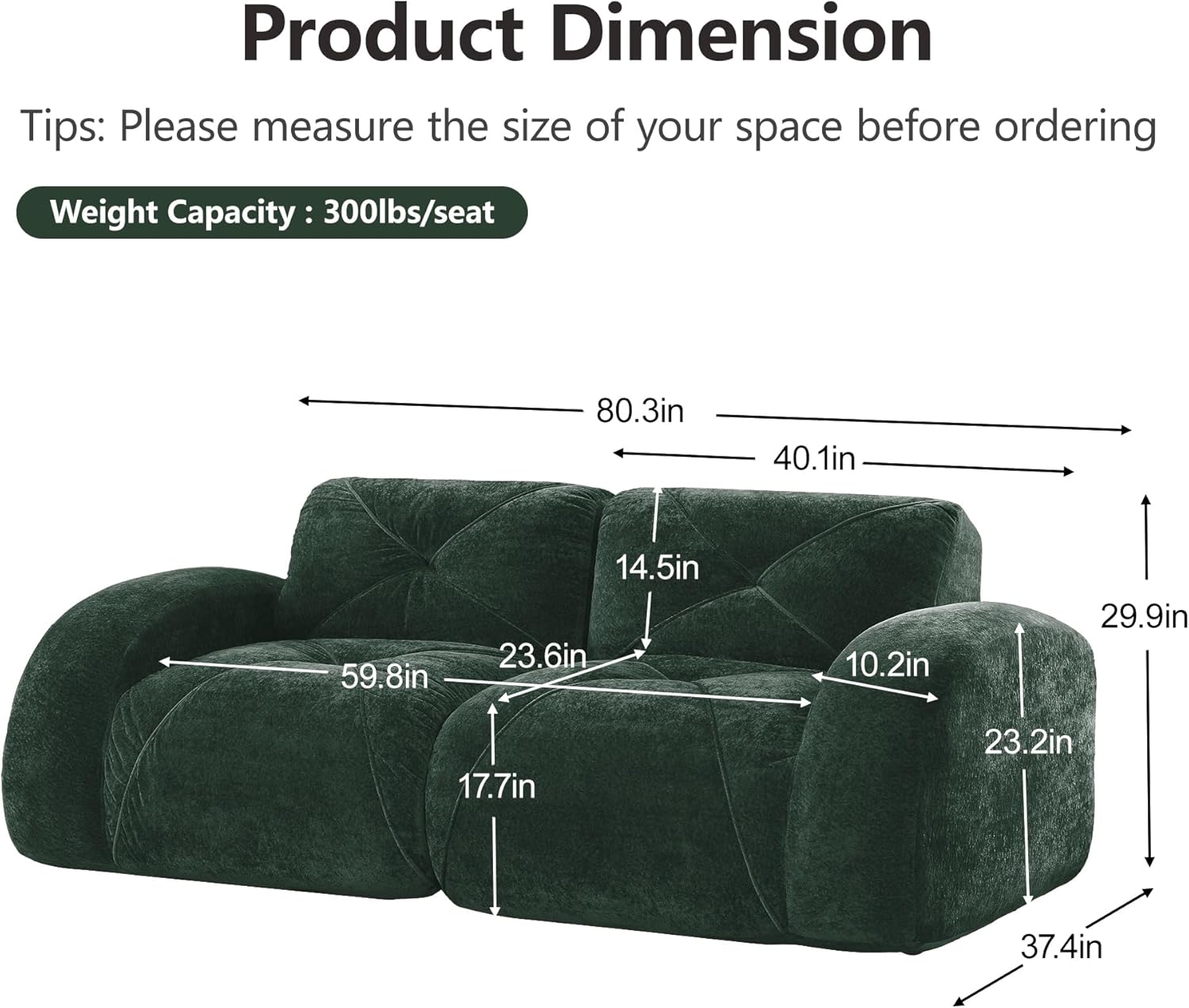 80.1” Boneless Modular Sectional Sofa, 2-Seat Modern Cloud Couch,One-Piece 32D High-Density Foam No-Frame Sofa for Living Room & Apartment, Pet-Friendly Velvet,Green | No Assembly, 23.6-inch Deep Deat, Anti-slip, Soft Velvet, Movie Night