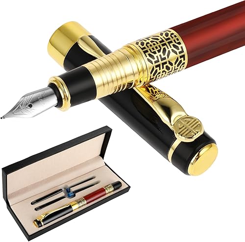 Cobee Juego de pluma estilográfica de lujo, pluma estilográfica de metal de 0.028 in con 4 cartuchos de tinta de 0.134 in, punta media, bolígrafo de