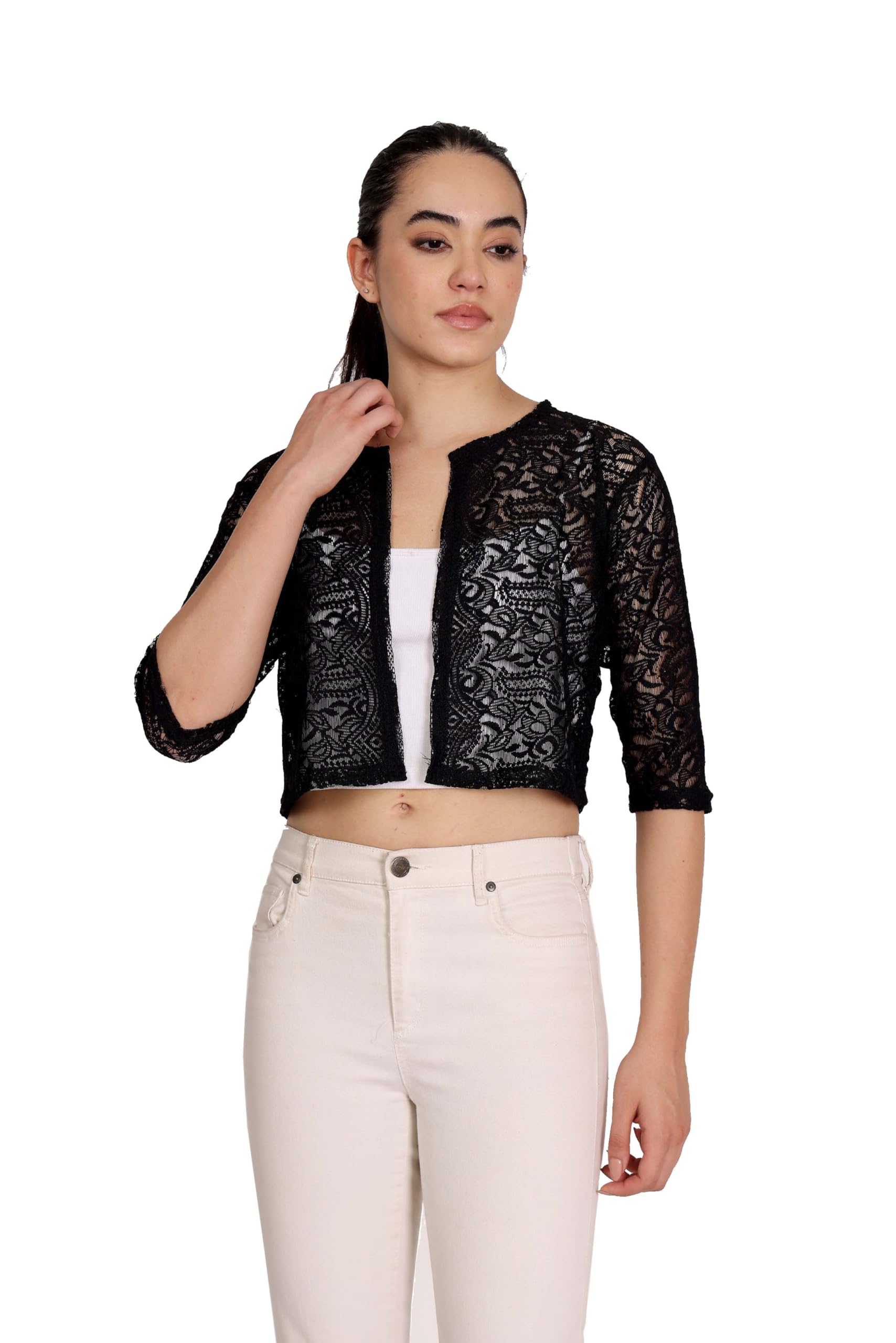 rravayki Women Jacket Style Net Koti 3/4th Sleeve Shrug Flower-picture-0