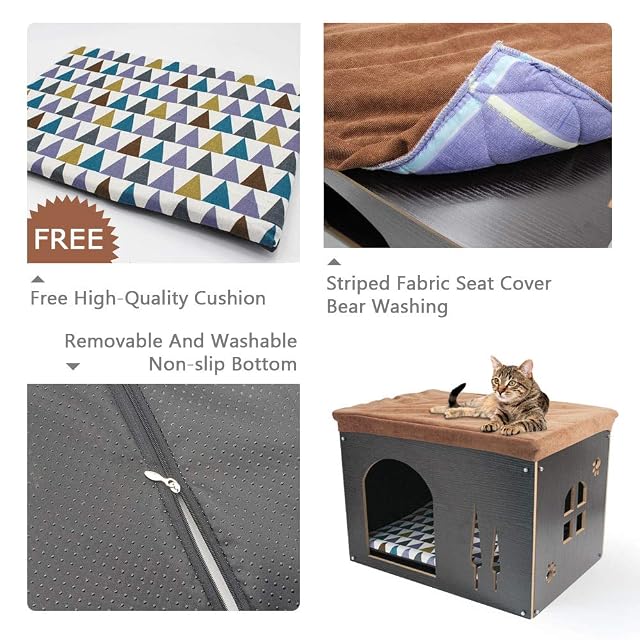Foto 3 de 7 de Casa de Madera pour Perro Gato - Taburete Caseta para Mascota con Cojín Extraíble para Cachorro y Gato…
