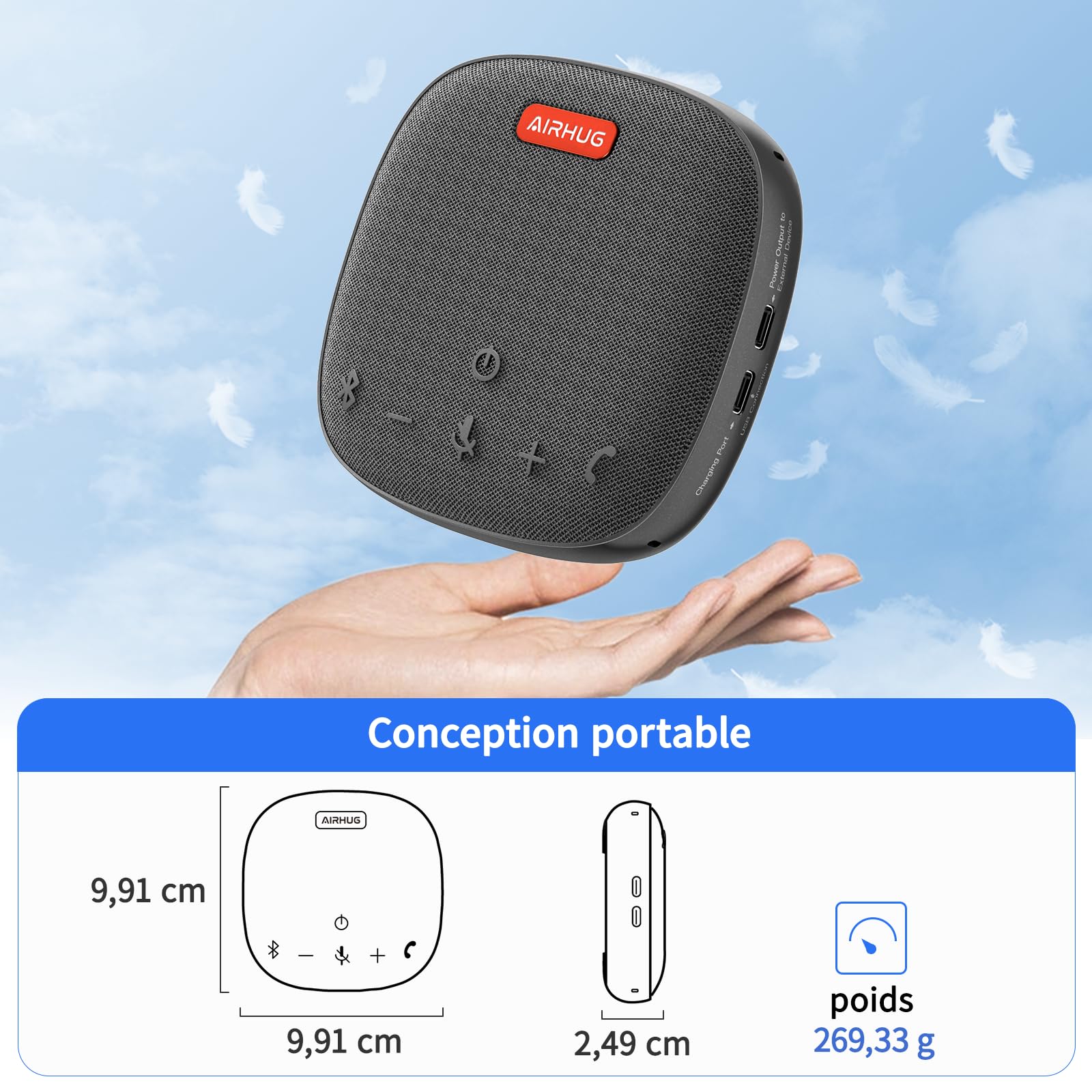 Microphone et haut-parleur de conférence AIRHUG, haut-parleur Bluetooth avec prise de voix à 360°, réduction avancée du bruit, USB-C Plug & Play, compatible avec Zoom et MS Team