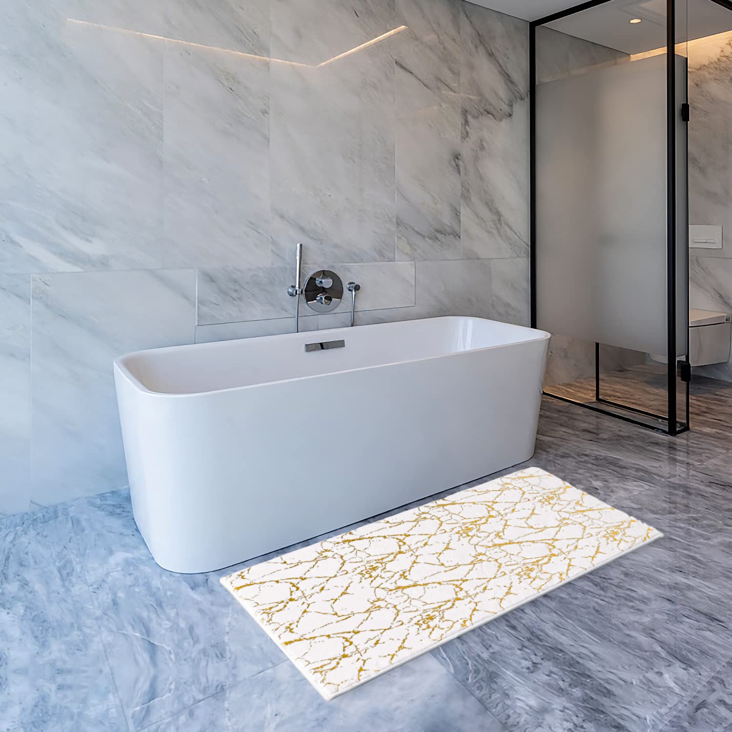 QJHOMO Tapis de bain antidérapant lavable - Blanc doré - Accessoire de salle de bain de luxe - En microfibre douce et absorbante - 60 x 120 cm