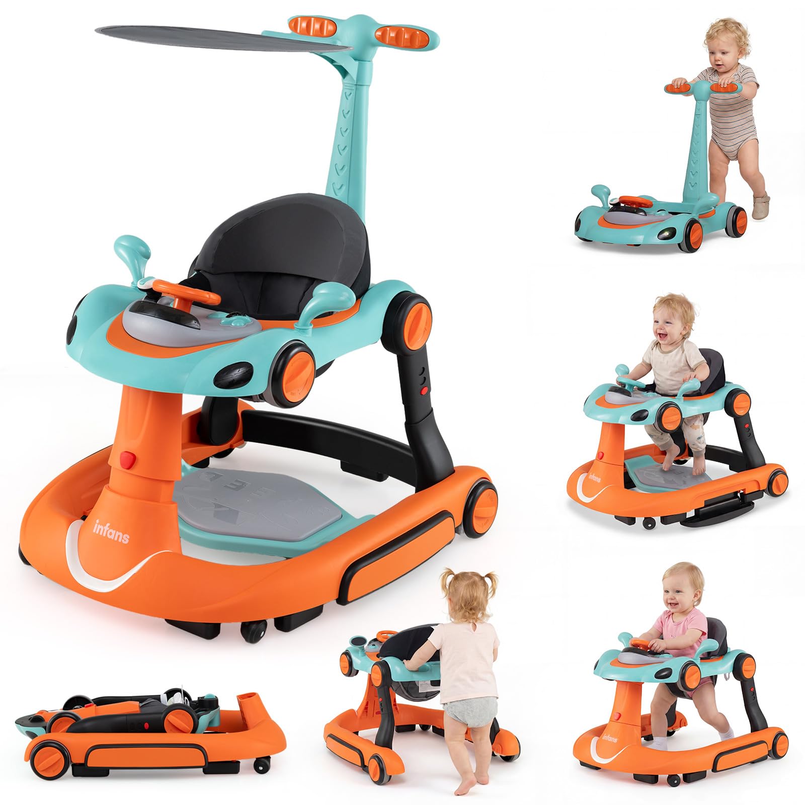 INFANS 6-in-1 Foldable Baby Walker, Converts Push Car to Bouncer, Rocker with Music, Lights, Adjustable Height & Speed, Activity Center, Canopy for 7-