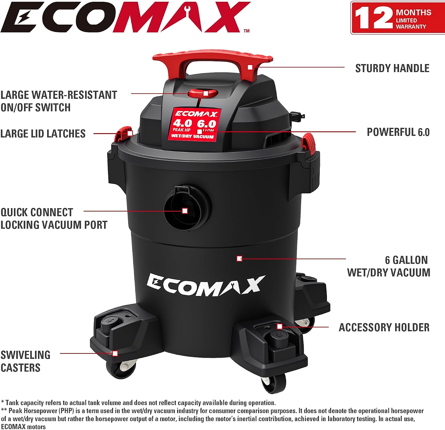 ECOMAX Shop Vacuum Wet/Dry 6 Gallon, 4 Peak HP, Wet/Dry Vac with Powerful Suction, with Air Flow 85 CFM, 3-in-1 Wet/Dry/Blow, Heavy Duty Shop Vacuum, for Home, Workshop, Jobsite, EM18116P
