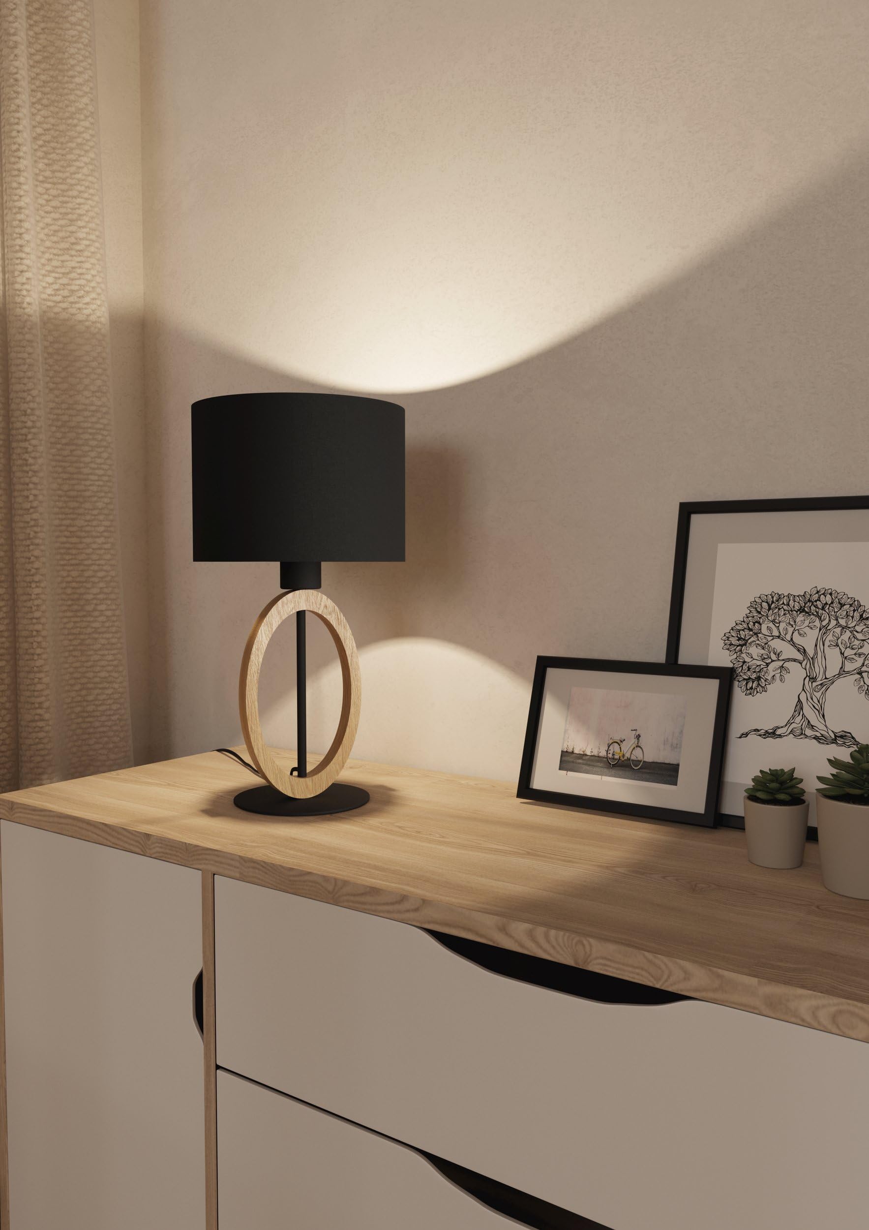 Eglo lampada da tavolo Basildon 1, lampada da tavolo minimalista, lampada | da comodino in legno, tessuto, metallo, lampada da soggiorno in natura, nero, lampada con interruttore, E27