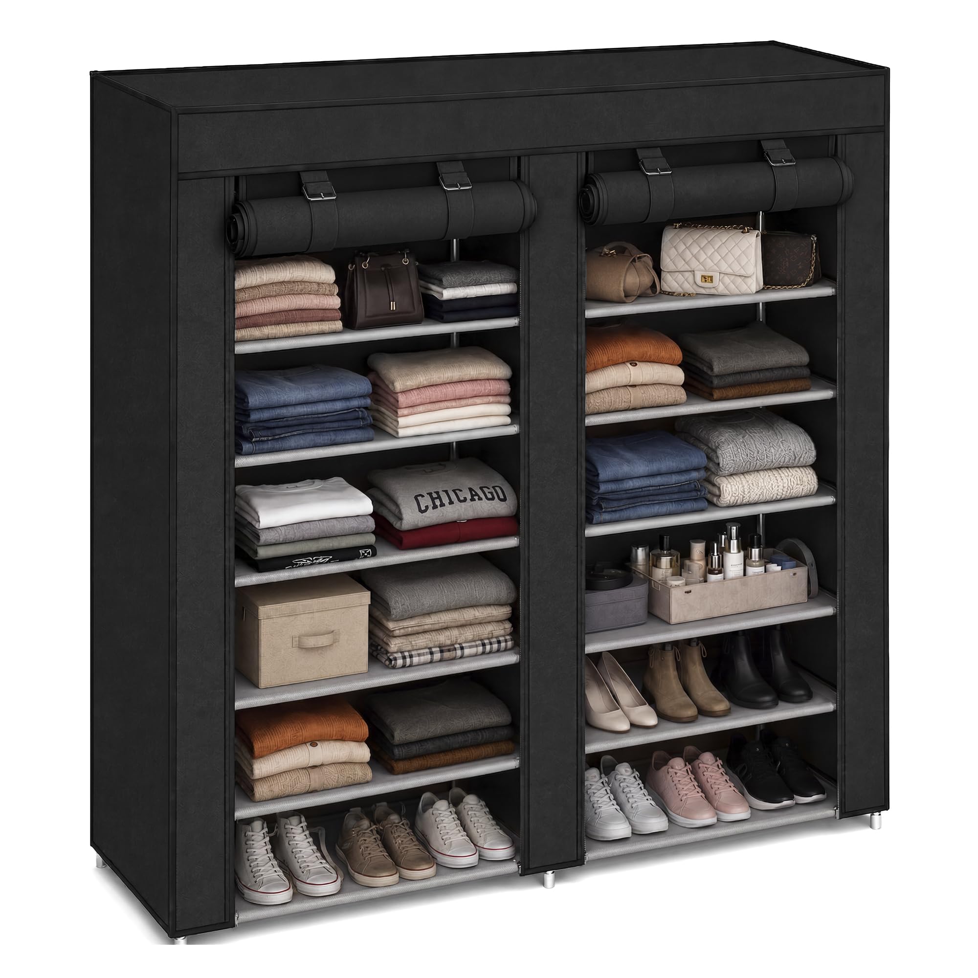 Raganet, Closet Plegable de 6 Niveles Color Negro, Zapatera Organizador de Ropa Minimalista, Telas y Barras Resistentes y Duraderas, Organizacion de Ropa, Calzado y Accesorios, Armable y Desmontable