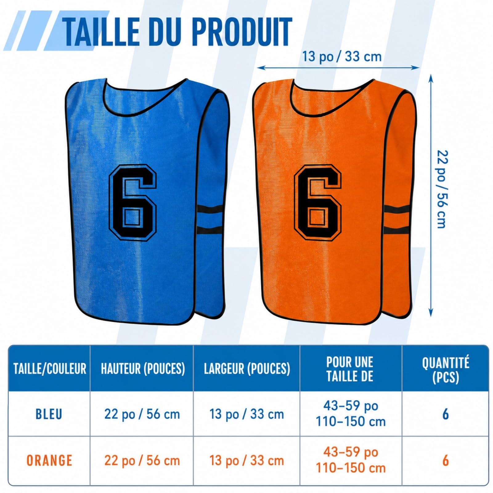 12 Chasubles de Football Enfants, Maillots d’Entraînement Réversibles Numérotés – Gilets de Sport en Maille pour Basket, Foot, Volley, Rugby – Bleu et Orange