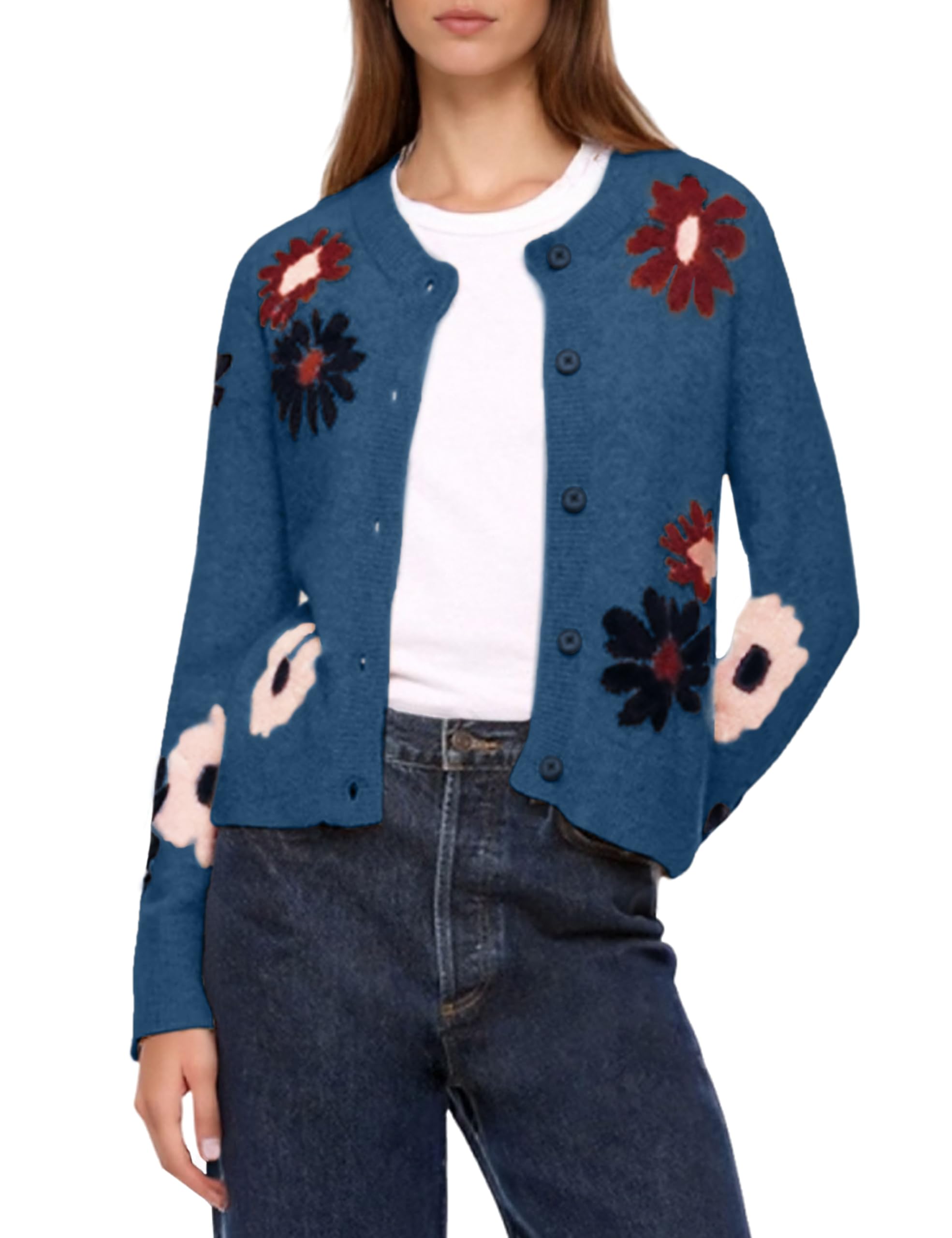 Cardigan Sweaters for Women Cropped Button Down Sweater Long Sleeve Crew Neck Knit Floral Print Outwear