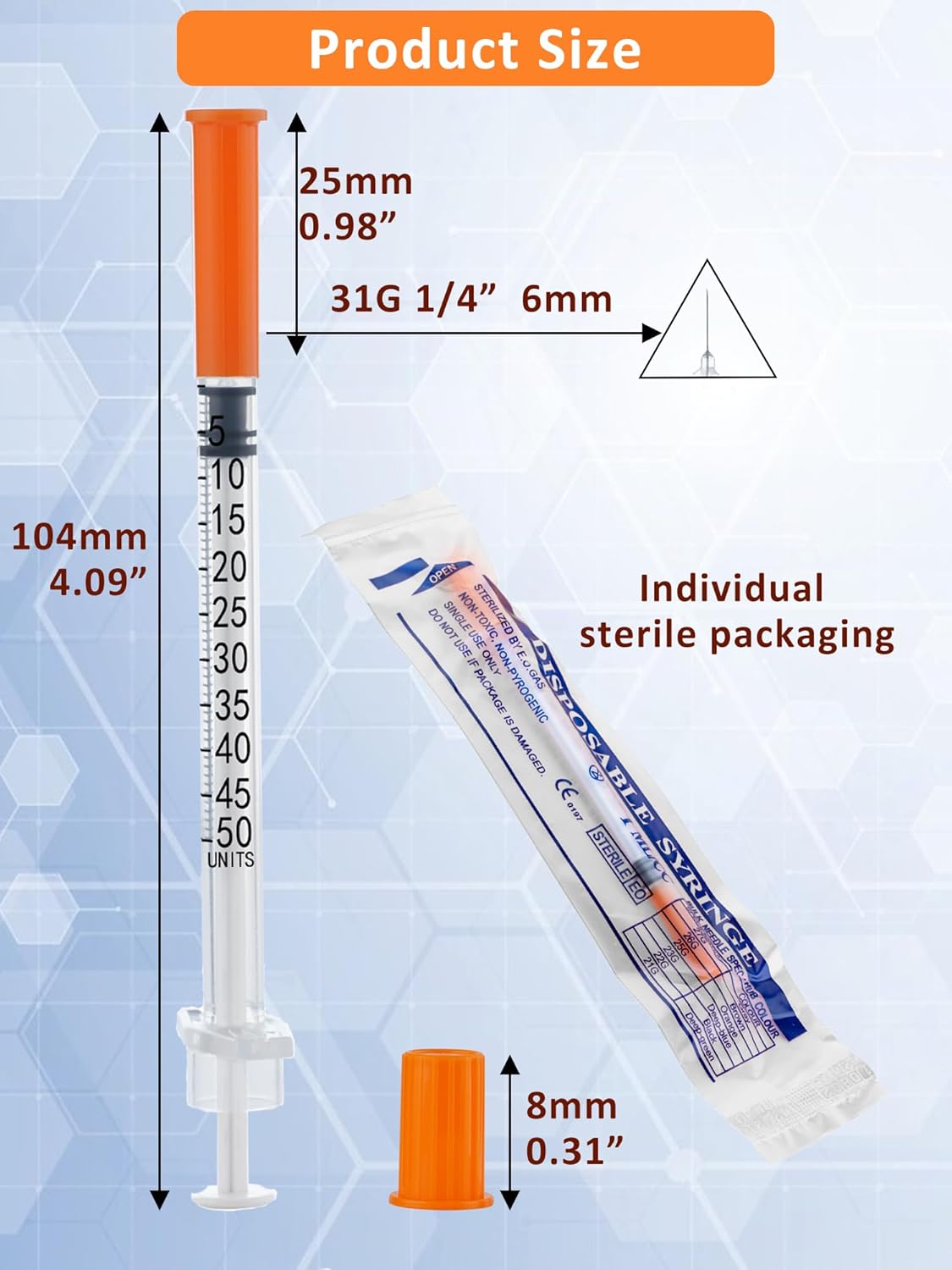 100 Pack 0.5ml Disposable Syringe, 31G 0.5cc 1/4 Inch (6mm) Lab Supplies Syringes, Individually Wrapped