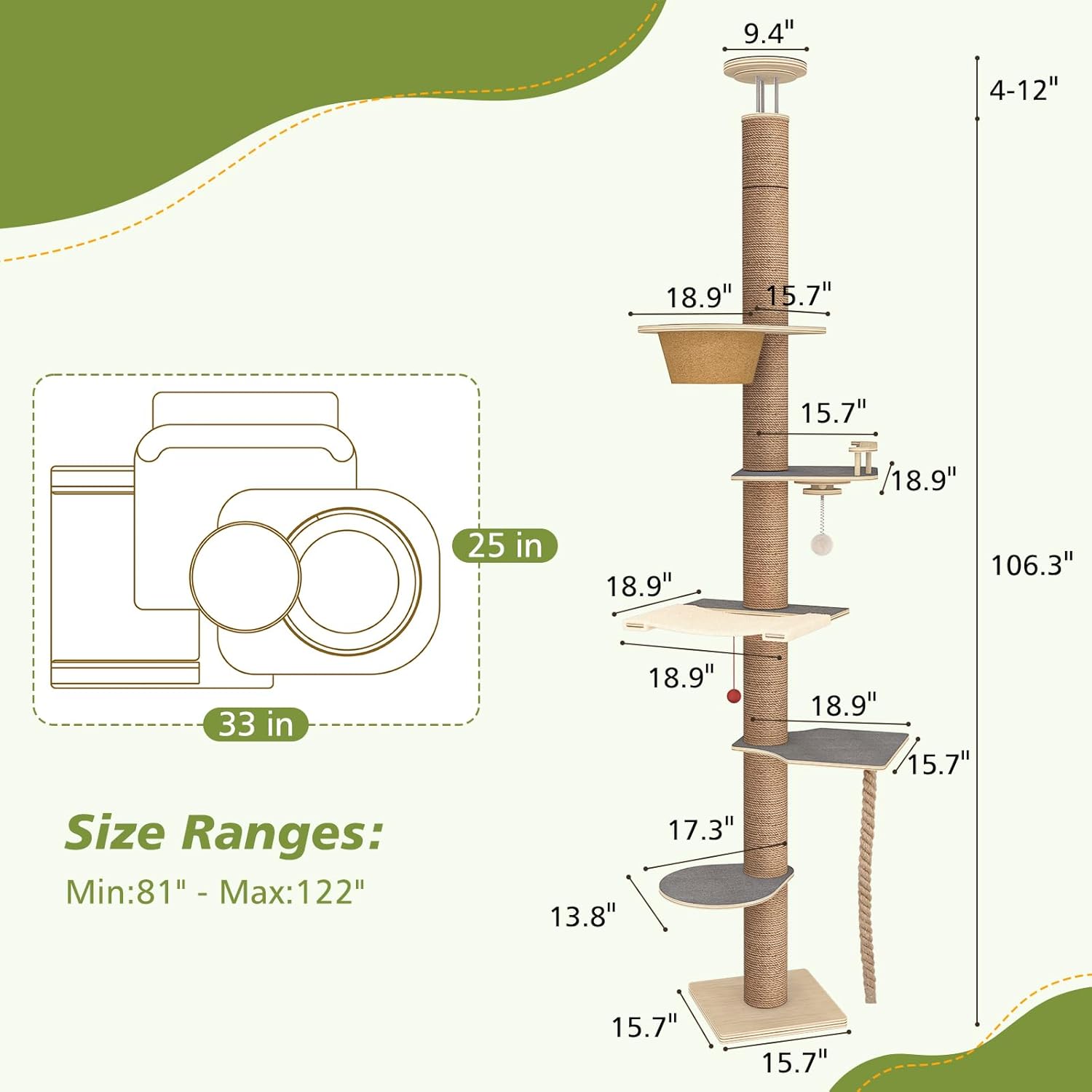 Wall Mounted Cat Tree 47” Tall, Cat Activity Tree Tower Set