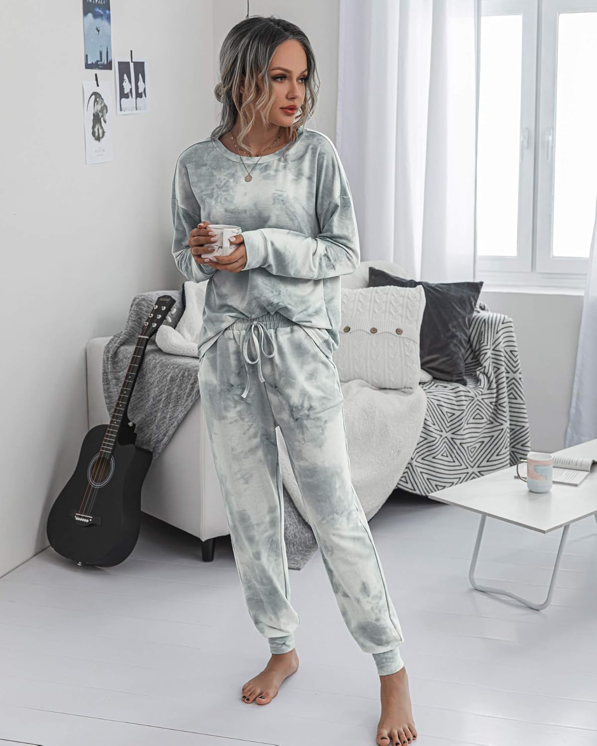TSMNZMU Women's Pajama Sets Tie Dye Casual 2Pcs Sleepwear Long Sleeve Pullover Tops Long Pants Pockets Joggers - Image 8