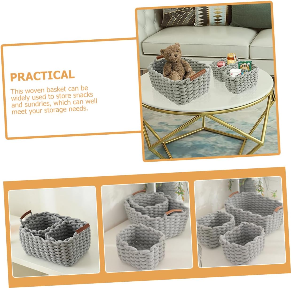 1set Nordic Style Cotton Rope Woven Storage Basket Decorative Organizer for Home Toys Snacks and Sundries Grey Cotton and Design