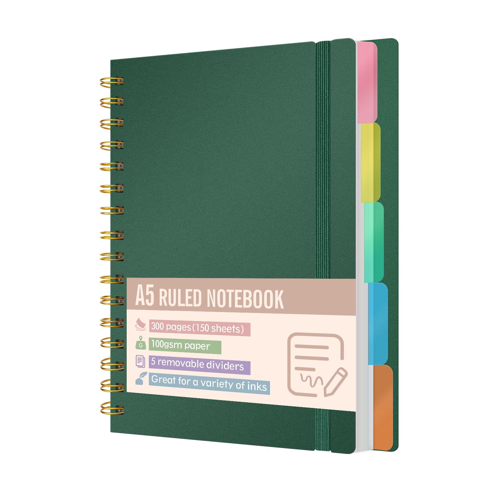Xnegau A5 Lined Notebook with 5 Removable Dividers, 300 Pages 100gsm Thick Paper, Hard Cover Spiral Bound Notebook with Tabs for School, Office, University and Planning