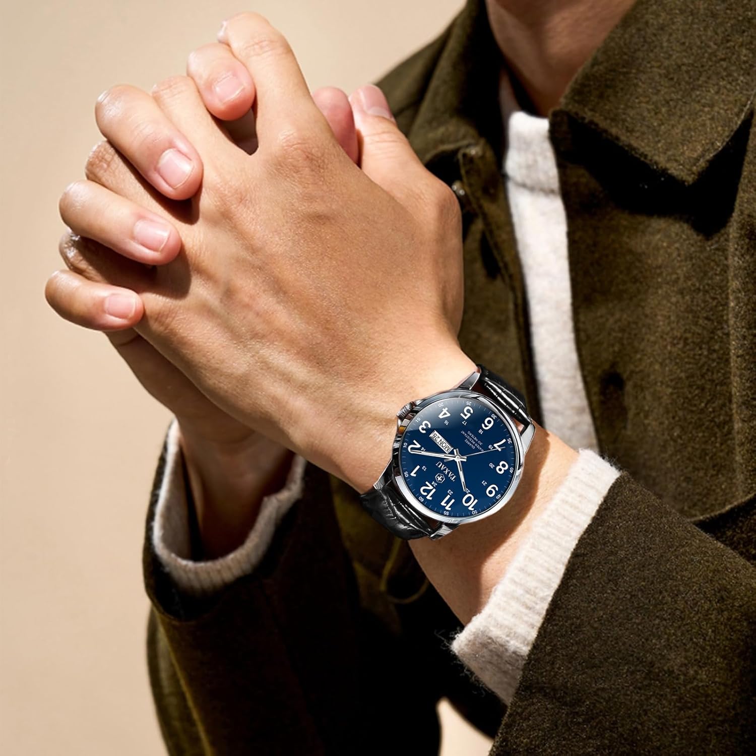 Men's Watches Leather Band Stainless Steel Quartz Analog Watch Luxury Waterproof Watches for Men Dress Men's Wrist Watch with Day Date Arabic Numeral Relojes para Hombre - Image 3