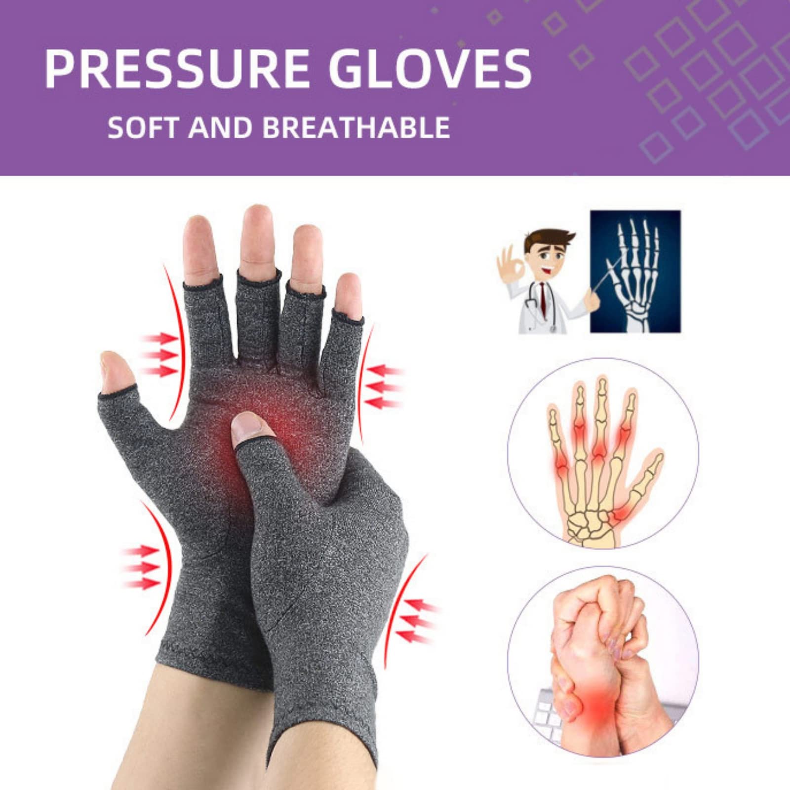 Hotfiary Compression Arthritis Gloves for Women Men Relieve Rheumatoid Osteoarthritis Carpal Tunnel Fingerless Gloves (1pair)
