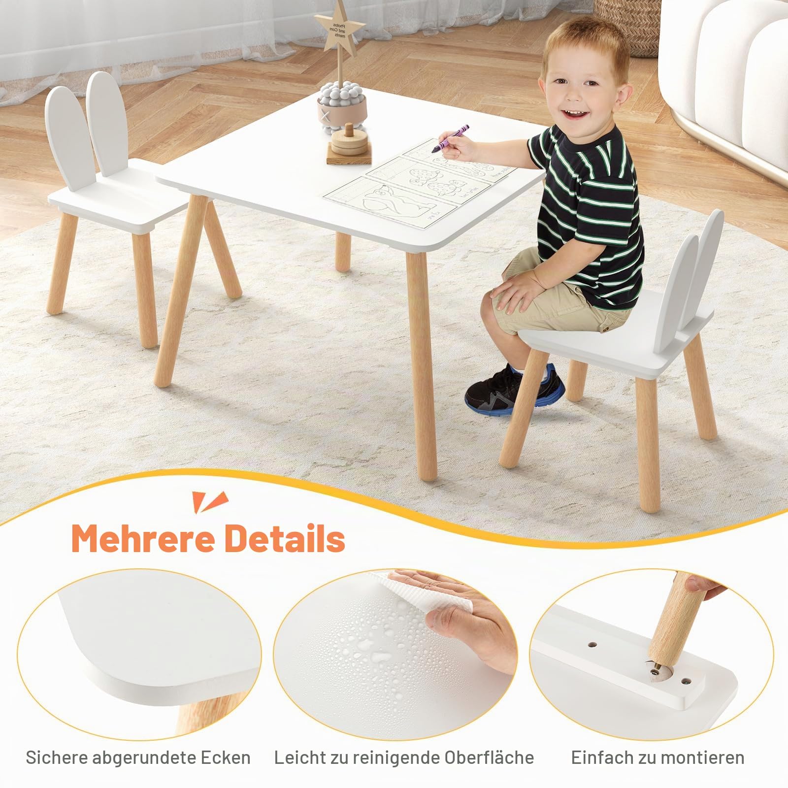 LIFEZEAL Kindertisch mit 2 Stühlen, Kindersitzgruppe mit Kaninchenohren-Rückenlehne, Kinder Tisch Stuhl Set, Kindermöbel aus Holz, Kinder Tischgruppe für Kinderzimmer & Kindergärten (Weiß)