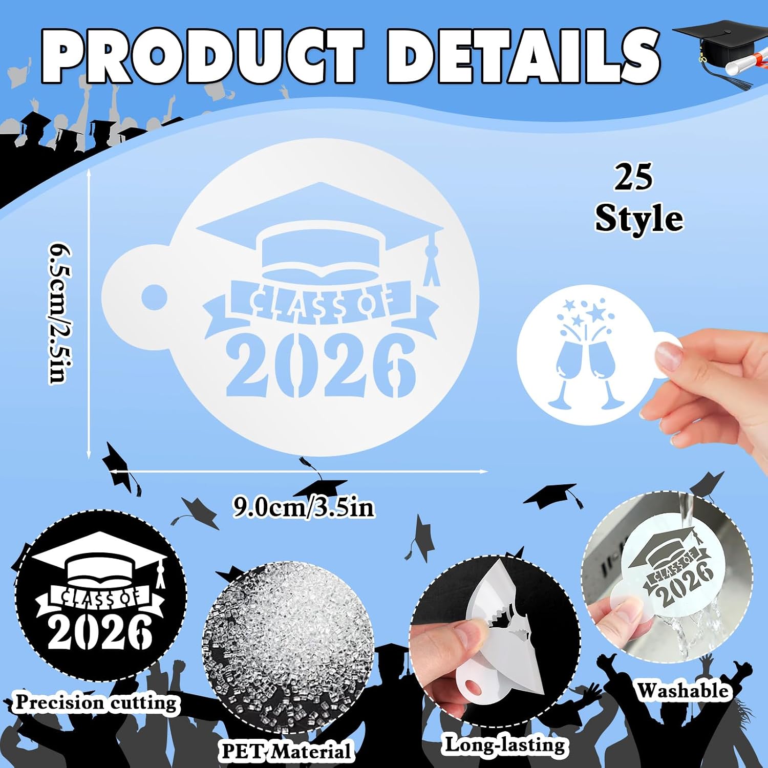 Konsait 25 Pack Graduation Cookie Stencils Congrats Grad Reusable Coffee Cookie Decorating Stencils Mold Tools for Hot Cocoa,Dessert,Mousse and Cappuccino