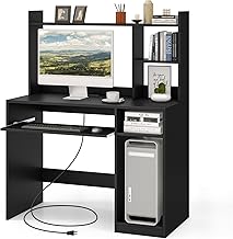Tangkula Computer Desk, Computer Workstation with Storage Bookcase, Study Writing Home Office Desk with Hutch/Keyboard Tray, Modern Wood Multipurpose Desk (Black with Shelves)