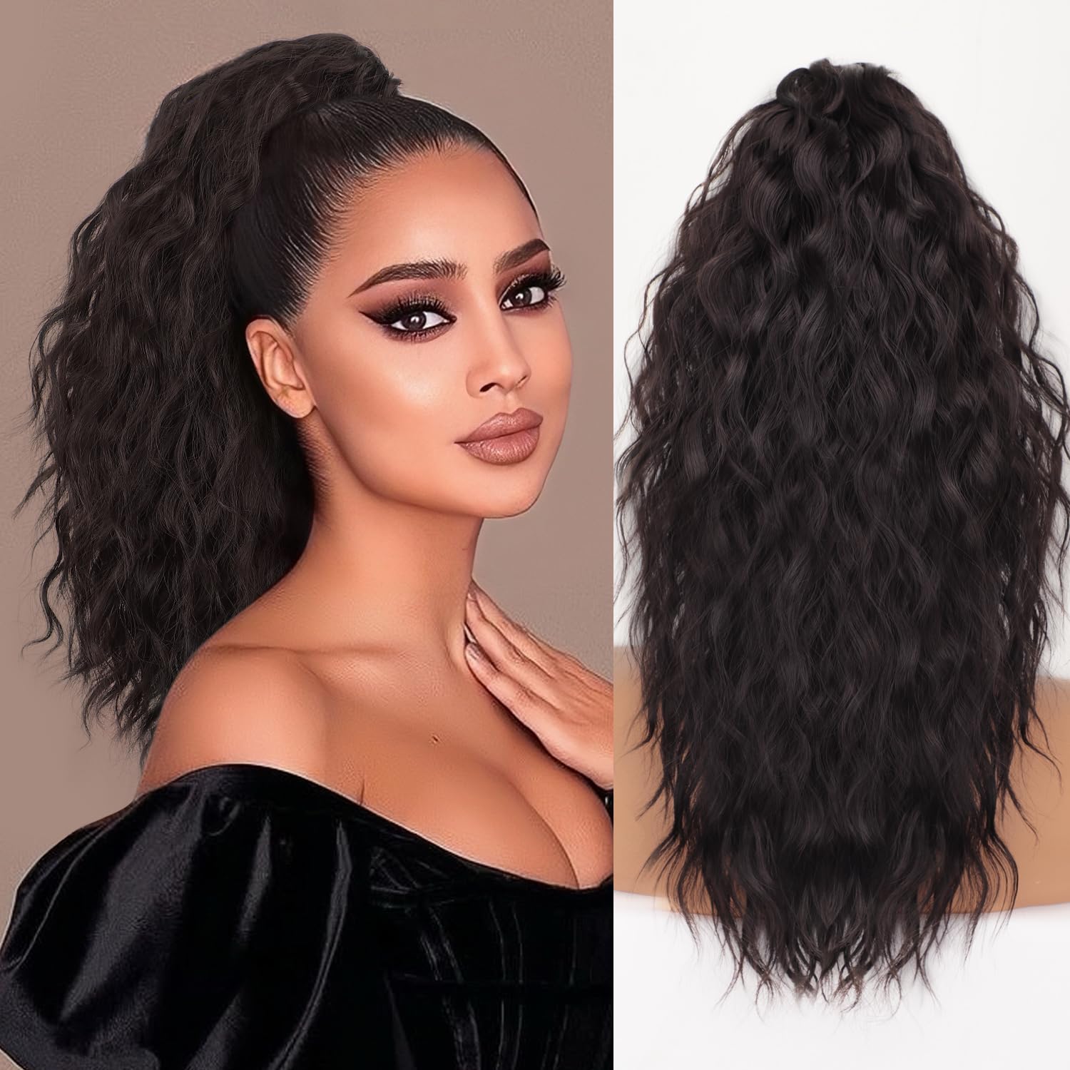 ORSUNCER Claw Clip Ponytail Extension Wavy Pony Tails Hair Extensions Layered Fluffy Clip on ponytails for Women Synthetic Hairpieces Chocolate Brown with Caramel Blonde