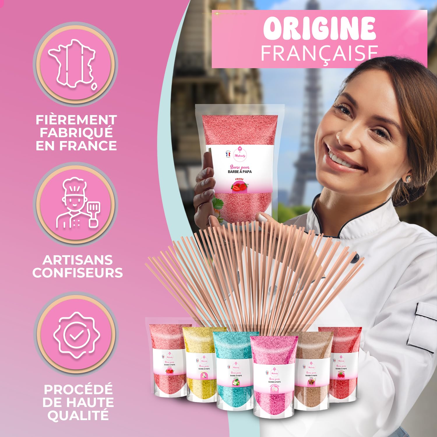 Misskandy®-Sucre Barbe à Papa pour machine lot de 6X160Gr (Arômes Naturels) Fraise- Pina colada- Cola-Pomme-Marshmallow-Framboise/poudre barbapapa+ 20 Bâtonnets Réutilisables (Offerts)