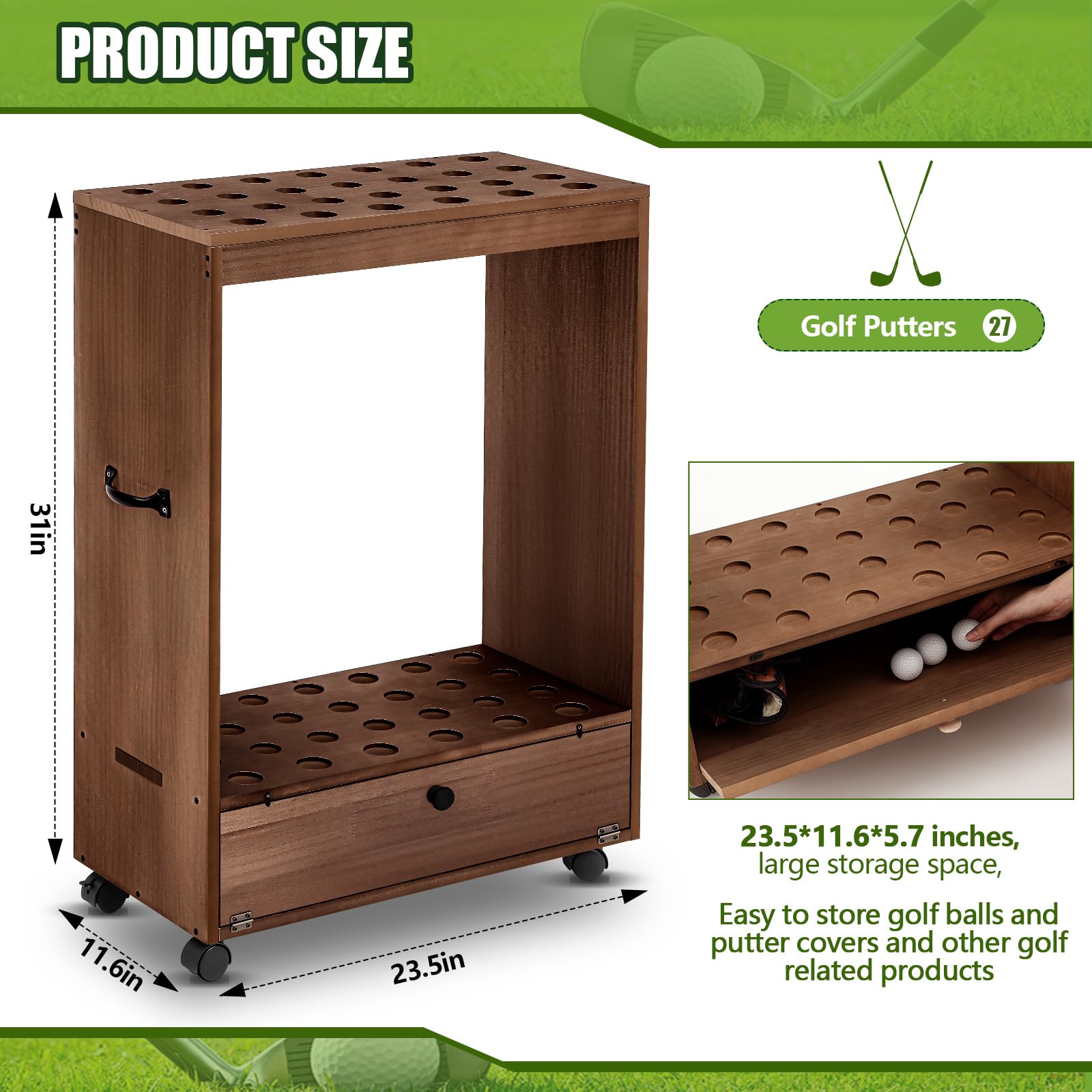 Silipull Golfschlägerständer mit 27 Löchern, Holz, für Golfschläger mit Schublade und Rad für den Innenbereich, Zuhause, Büro, Simulator, Garage