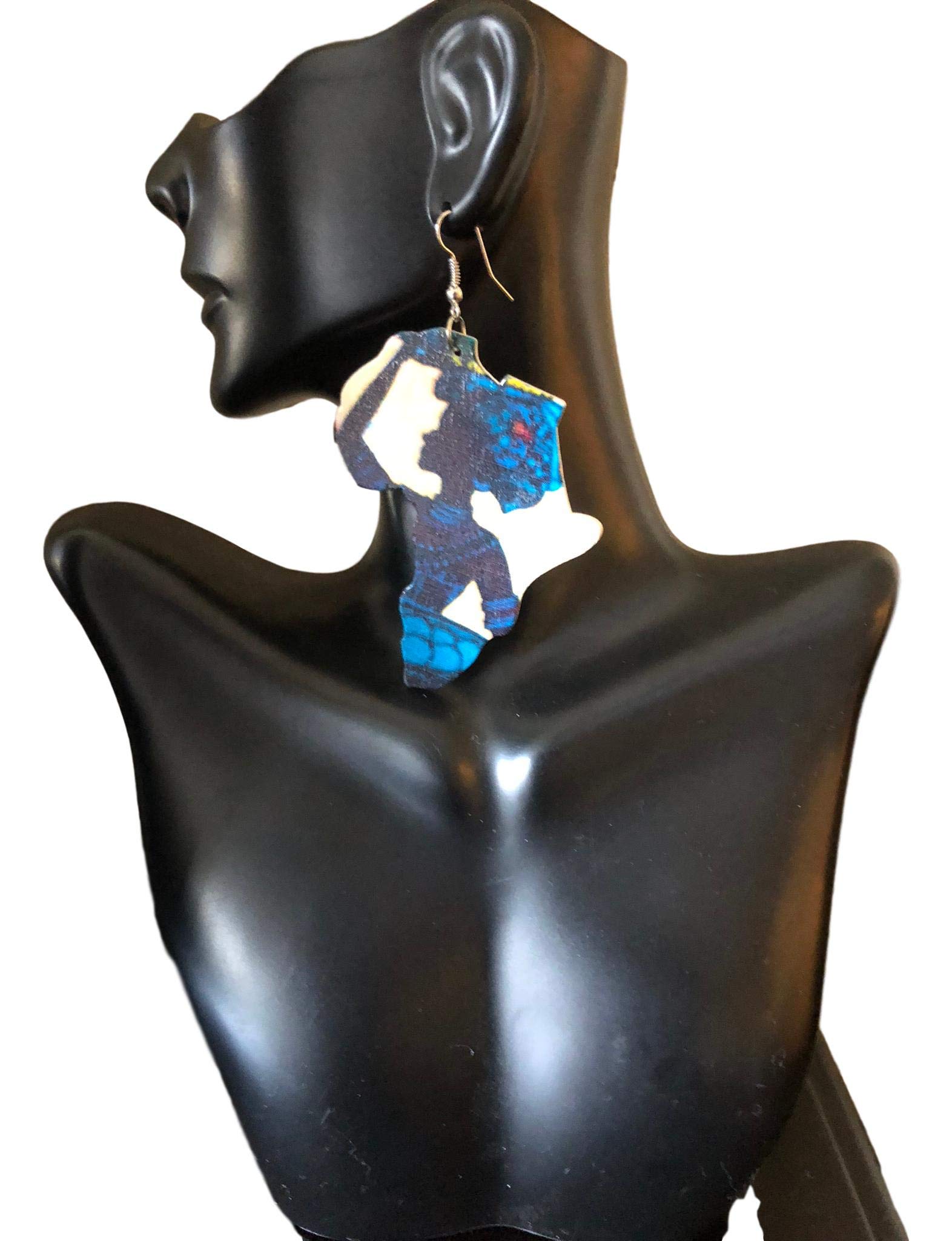 African map earrings mama Africa painted wood unique beautiful piece of jewelry natural hair jewelry