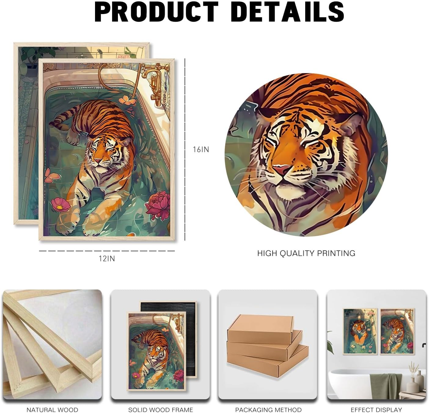 2ps Framed Tiger in Bathtub Wall Art Print Pink Kitsch Canvas Aesthetic Funny Bathroom Animal Paintings Pictures Wall Decor Fashionable Tiger Poster Modern Gallery Decor Ready to Hang