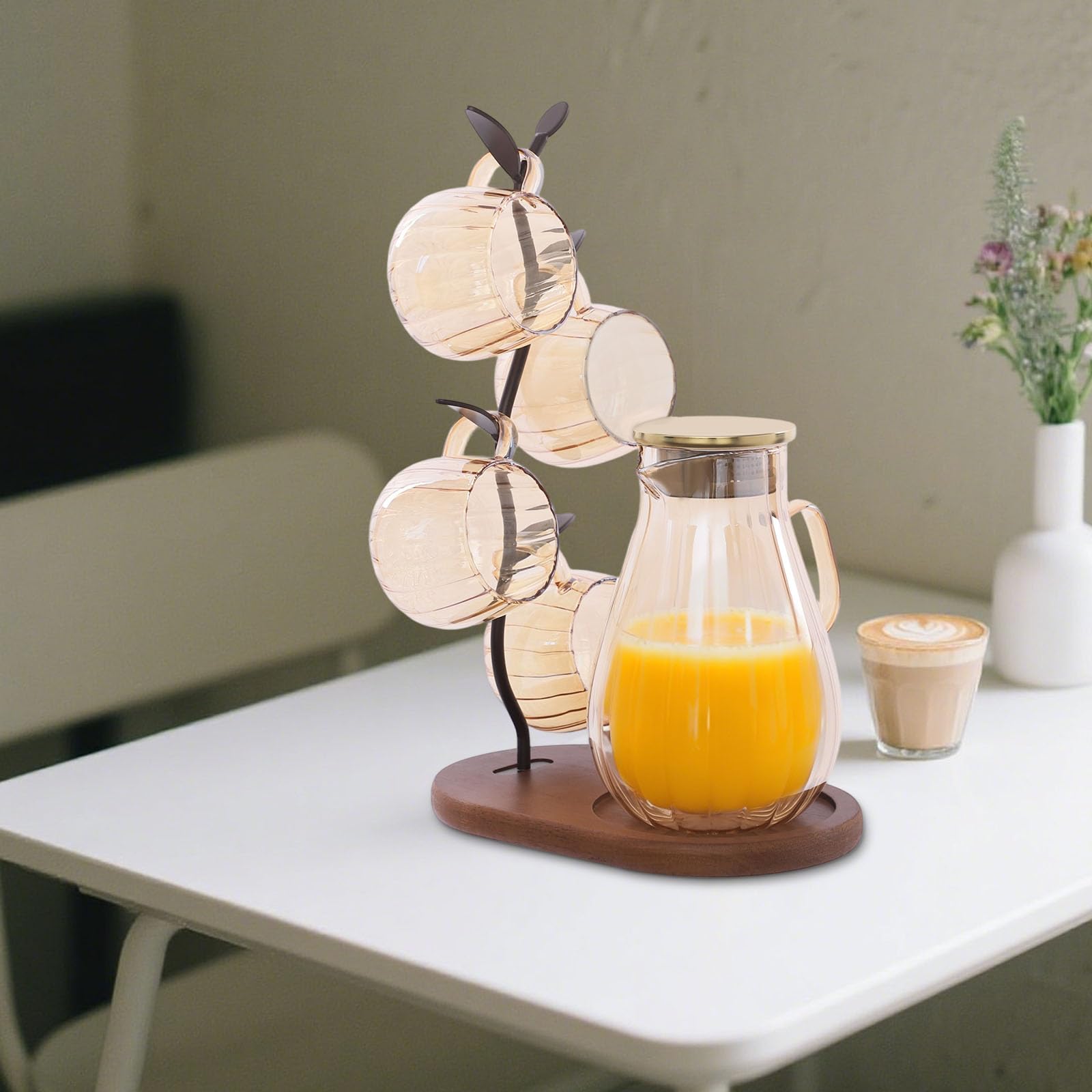 Wasserkaraffe mit Deckel Glaskaraffe mit 4* Tassen & 1 * Rack Klar Glas Karaffe aus Borosilikat & Holz 1,5L