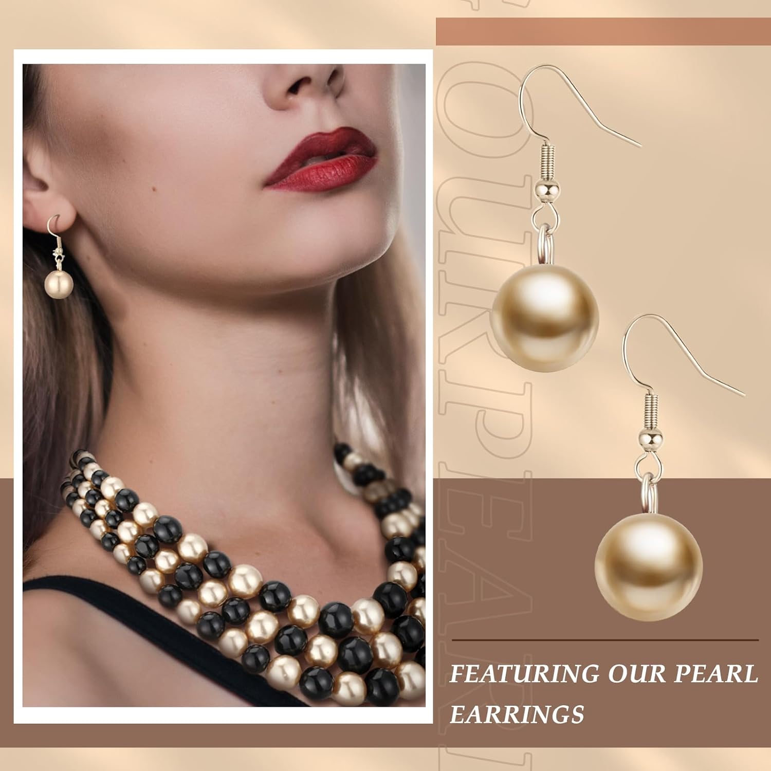 3 Pcs Women's Simulated Faux Three Multi Strand Pearl Statement Necklace Earring and Bracelet Costume Jewelry Set - Image 5