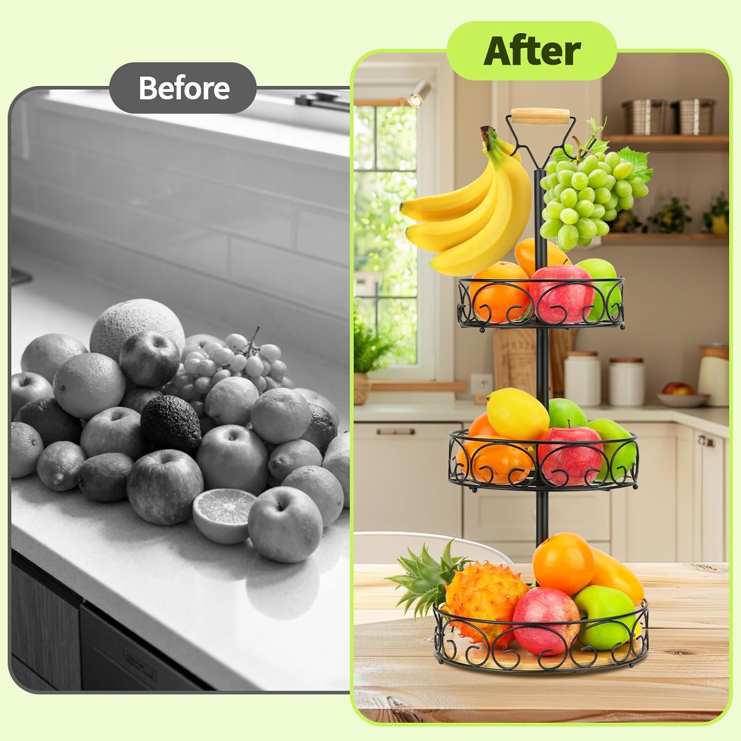 3-Tier Fruit Basket Bowl Vegetable Storage with 2 Banana Tree Hanger for Kitchen Countertop, Tall Metal Wire Basket Holder for Potatoes Bread Onions Black